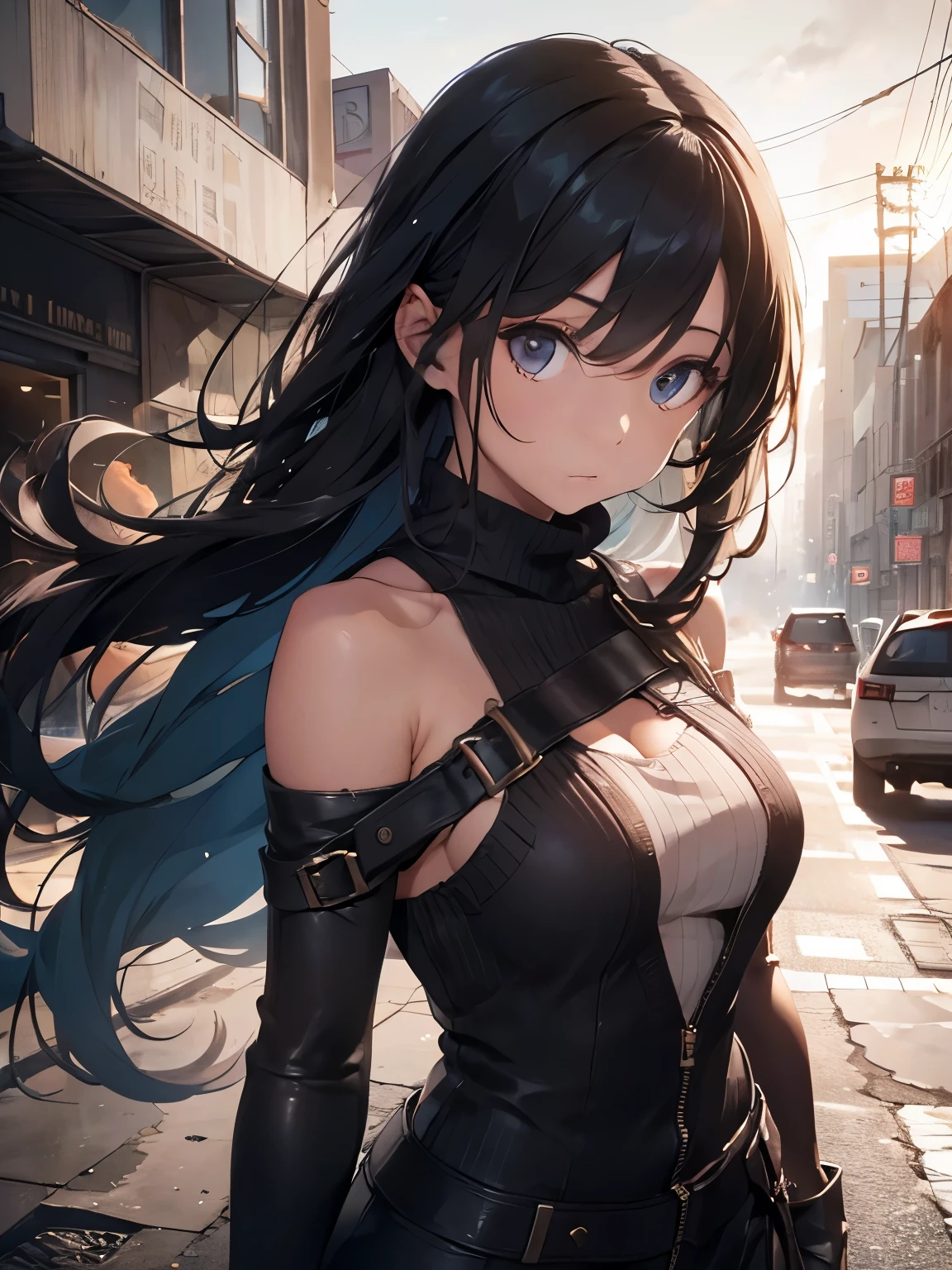 gorgeous woman, One, long brunette hairstyle blows in the wind, jewelry, whole body, off the shoulders, Sweaters, realistic, sexual, ultra quality leather, ruined city background, ruin, apocalypse, Armageddon, ready for action, 4K, cinematic lighting, granularity, world in fire, end of the world, death, Dark