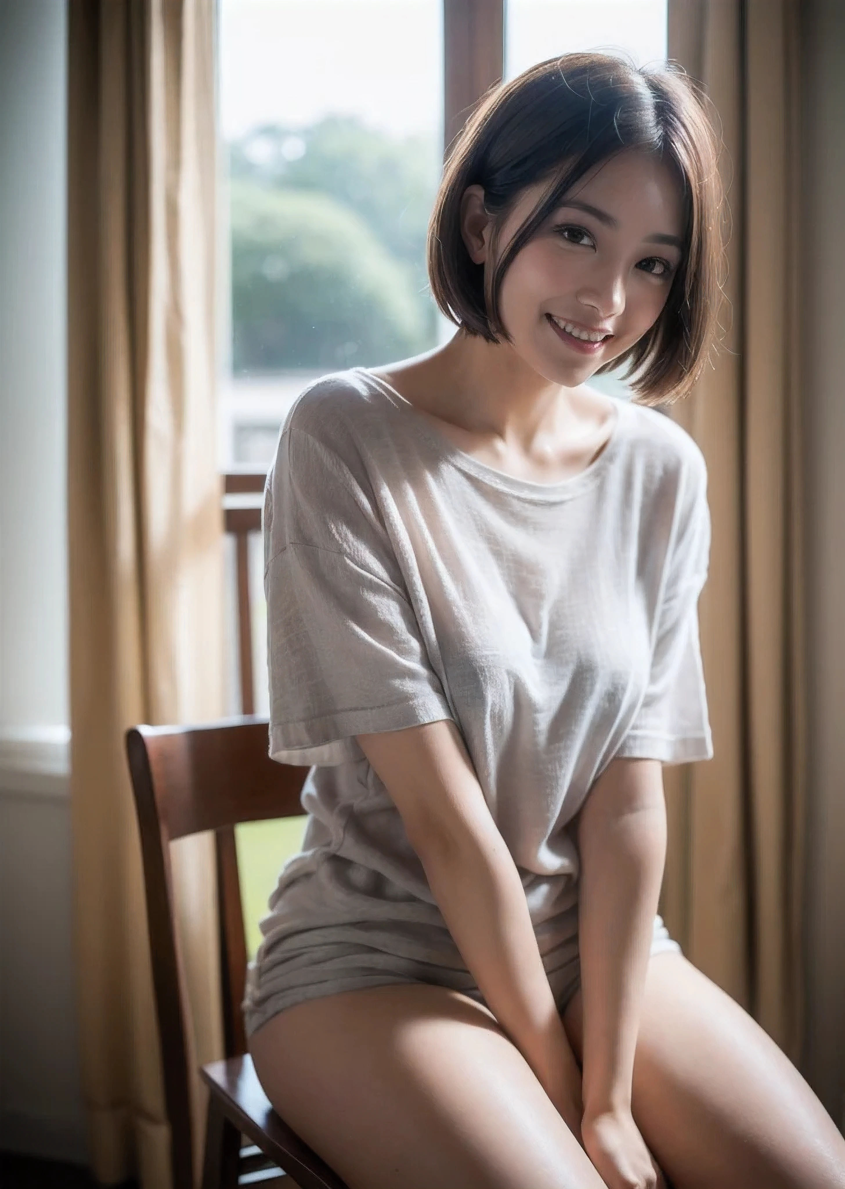 highest quality, face focus, soft light, (Depth of the bounds written) ,ultra high resolution, (realistic:1.4), Raw photo, (moody lighting, night:1.2), Bedroom,
(upper thigh:1.4)
1 japanese girl, alone, cute, cute, (shy, smile:1.1), (brown eyes), natural face, (short hair),
(sit in a gray linen chair)
break
(white nude oversized t-shirt:1.2)