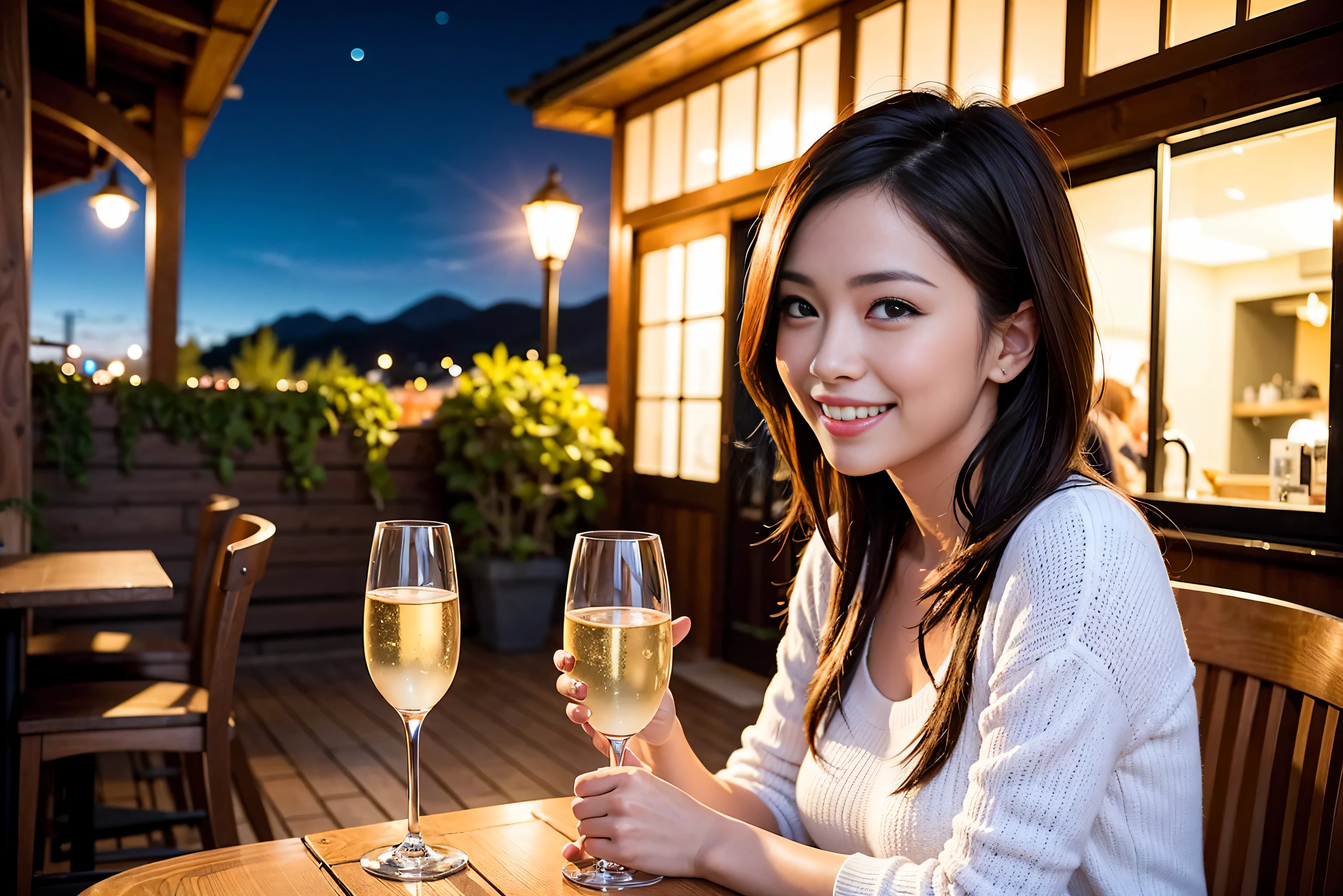 K, UHD, highest quality, masterpiece: 1.2), (realistic, photorealistic: 1.37), Spectacular view of the sunset sky and clouds、Amazing mountain views、A bright smile、3 slim beauties, (slim face),Happy、 the best smile、Fox face、Berry Short、(because I'thin), (brown hair), (shortcut), long sleeve shirt、winter fashion、Colombian、Brazilian、Japanese、Dutch、German、Portuguese、Belgian、Italian、French,Champagne、SparKling wine、 (gush), (slim body), (brown hair), (shortcut), neat beauty、cheeKs blush a little, (35 years old), 38 years old, alone, A beautiful and detailed night view spreads out outside the window..., restaurant, wine glass is sitting, At night, in a prominent place (from the Upper body) nova frog style, actress, model, Upper body, White wine, slim, wine glass, very beautiful night view, wine glass Put in the Middle, Happy smile, (smile: 1.15),