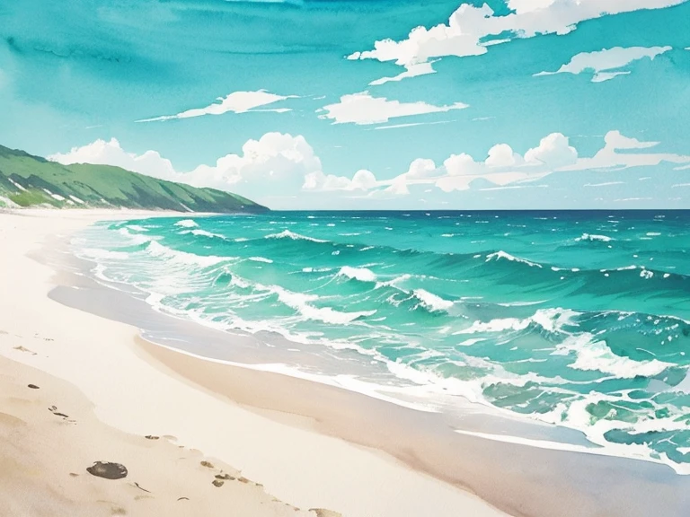 watercolor sea painting on white background、watercolor painting、 
 Corporate template creation illustration、flame、corporate logo、Logo Creation、no text　Missing characters、Leave a space between the characters、no text、corporate name modern、simple、professional summer image、light blue and emerald green、Pale green、bright、daytime、
Bottom right and top left placement、leave a blank space in the middle、Background gradient
