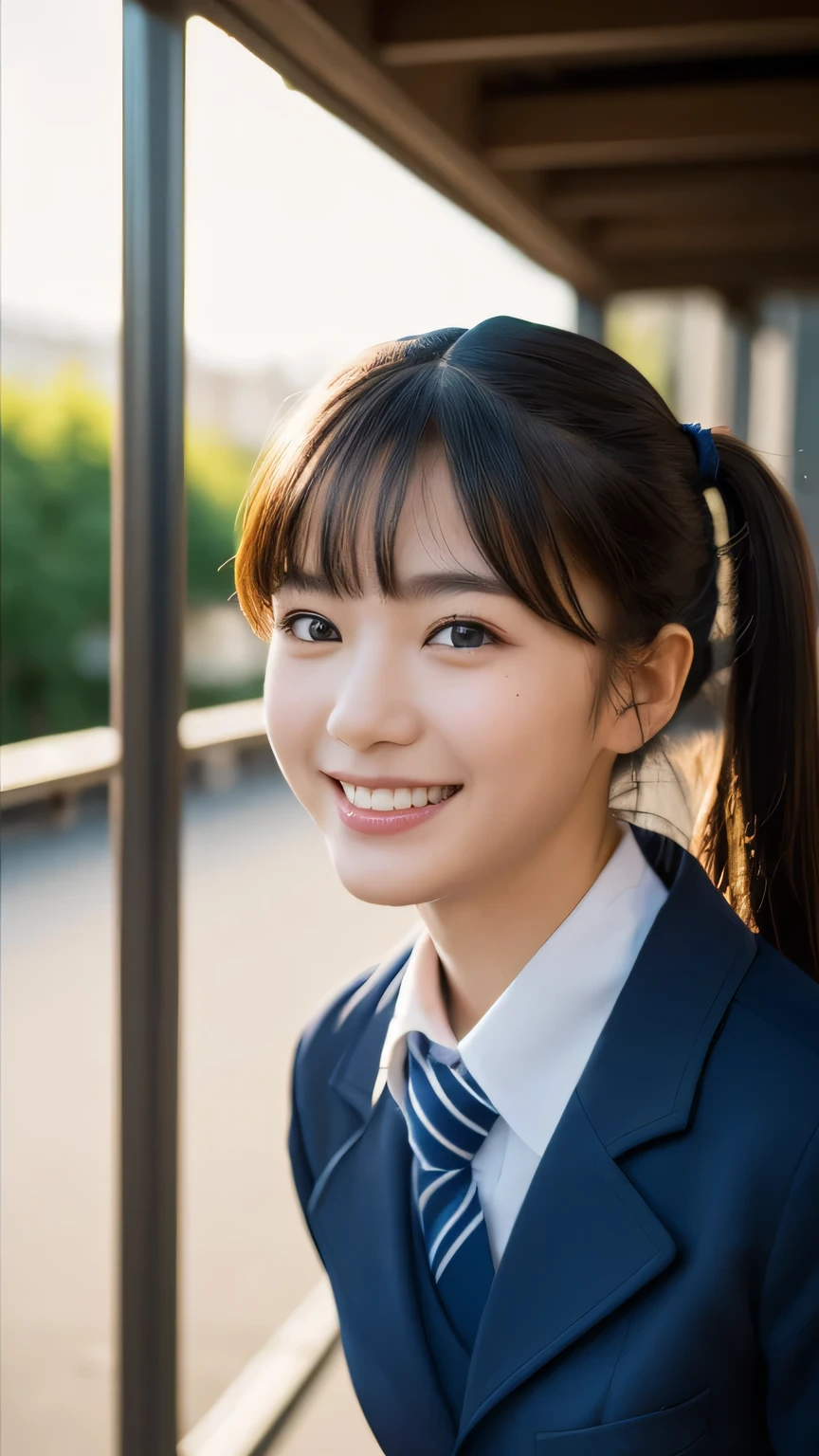 (highest quality,masterpiece:1.3,ultra high resolution),(Super detailed,caustics,8k),(realistic:1.4,RAW shooting),1 girl,(smile and look down at the camera),(front shot:1.1),(look forward),18-year-old,cute,Japanese,Black short ponytail,((school uniform:1.4)),( close),street,sunlight,Natural light,Sunlight,professional writing,(cowboy shot),(low position:1.3),(Low - Angle:1.3)