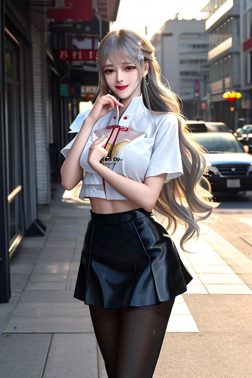 (best quality, 8K, masterpiece, ultra high definition: 1.3), (kpop idol: 1.4), 1 pretty girl, (big breasts: 1.2), (long hair), abdominal muscles, Perfect body, Super thin face, delicate lips, fair, dewy skin, Sweating on the skin, blonde wavy hair, Silver light hair , Hands are super thin, Thin fingers  , short mini skirt (Black), ((detailed pantyhose)),detailed  , on the street, architecture, architecture, punk girl, transparent, Smile , long legs, detailed legs, Thin legs