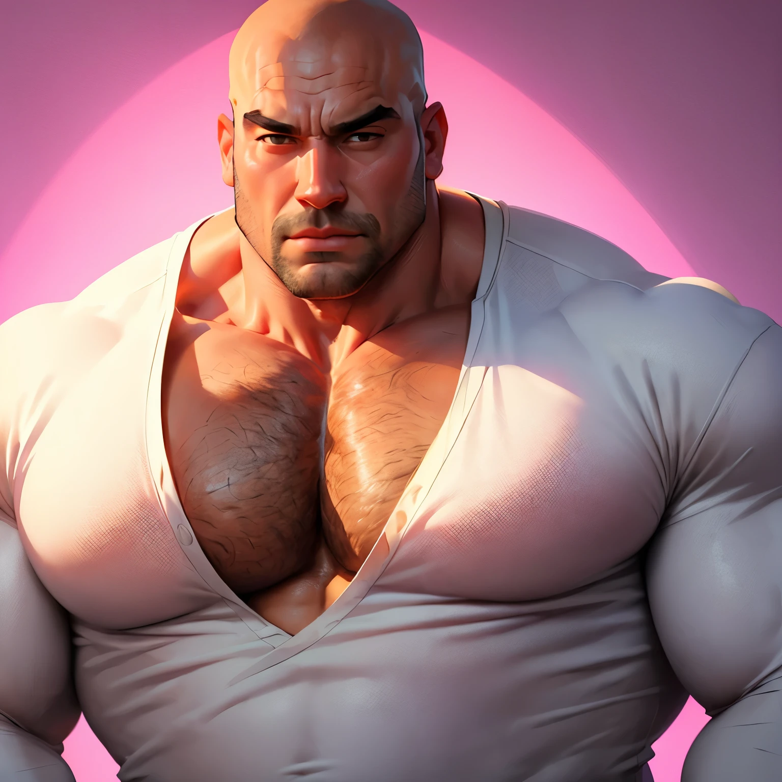 an exaggeratedly muscular and large bald bodyguard, (white crew neck shirt: 1.2), unbuttoned shirt, (exposed pecs: 1.1), (bara pecs: 1.3), (hairy pecs: 1.1), portrait HD, pink background light