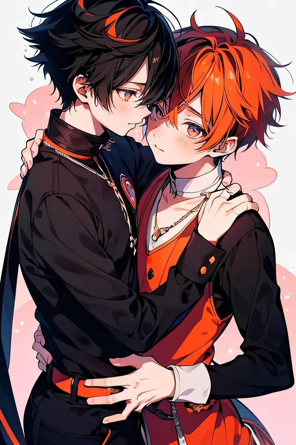 ((best quality)), ((masterpiece)), (detailed), perfect face, 2 boys, gay couple, one boy with dark black hair and dark brown eyes and is tall and handsome, looks fierce and bold, tsundere, very tall, hot and other boy has orange hair and orange eyes and is cute adorable and is bubbly and shorter, short height, , blushing looks like innocent and shy, they are in love, romance, gay couple, bl couple, yaoi, 4k ultra anime quality, anime ARTSTYLE, bl yaoi, hugging, 4k anime art style, cute