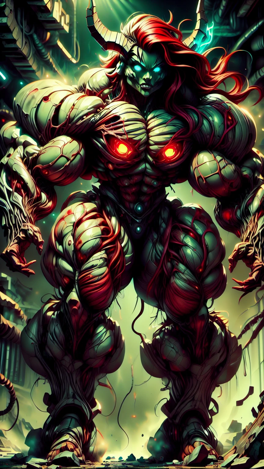 (1 girl), (cara delevingne), young girl, carnage muscular physique, seductive face, mouth wide open carnage style, long red hair, perfect muscular body, super skinny legs, cybernetic muscle suit, sissy, femboy, (carnage style physique),