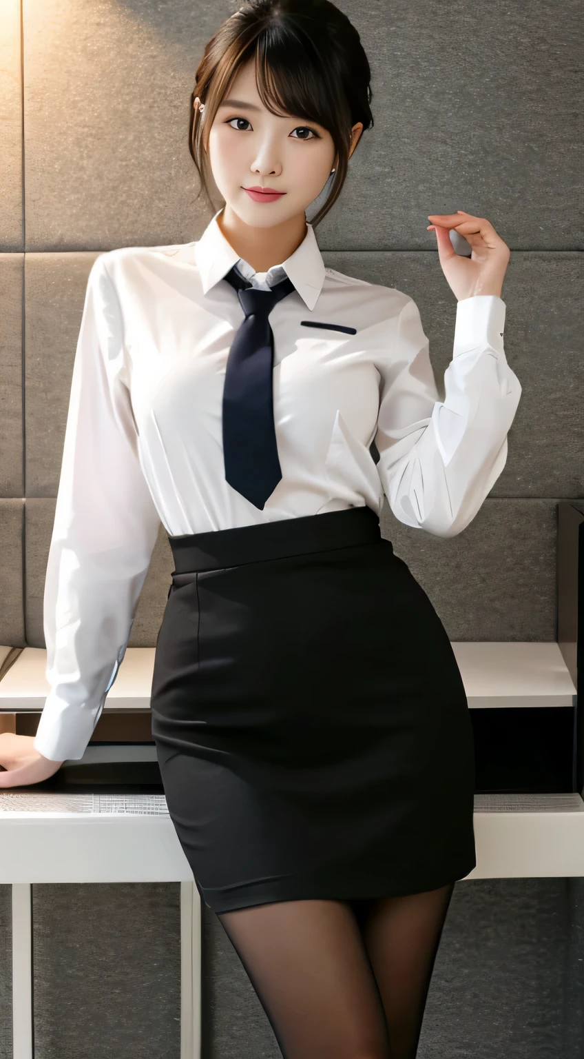 Face :9,1714884241], Classy upper class elite secretary wearing business shirt, sit on a chair and work in the office、wearing a strict business suit, (wearing pantyhose)、(short layered hair)、crossed legs, wear luxury high heels、 (stockings and skirt), girl wearing a shirt, business suitを着ている, business suitを着ている, business suitを着て, Businessman, business clothes, wearing a black business suit, wear a shirt and skirt, business suitを着た女性, business suit, business clothes装, Raw photo, (8K、highest quality、masterpiece:1.2)、(intricate details:1.4)、(Photoreal:1.4)、octane rendering、Ultra-detailed complex 3D renderings, soft light in the studio, rim light, vivid details, super detail, realistic skin texture, Surface details, Beautiful eyes in every detail, Highly detailed CG Unity 16k wallpaper, compensate, (detailed background:1.2), exposed thighs!!!,glossy black hair,