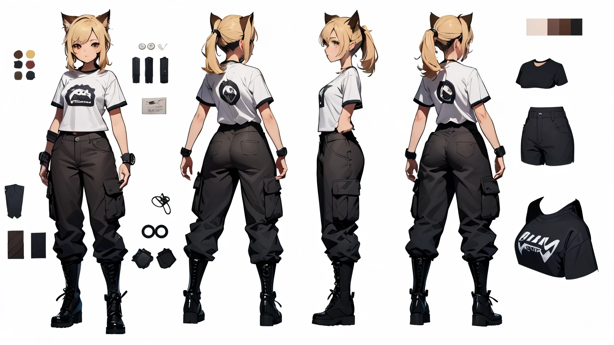 (Masterpiece, best quality), detailed, ((character concept art)), ((character design sheet, same character, front, side, back)), many items, (1girl, (monstergirl, catgirl), t-shirt, cargo pants, military boots, many parts), (light skin color:1) , (brown eyes), detailed face, random expressions, athletics physical form, (cat features, cat tail, cat ears), blonde hair color, detailed hair, high ponytail style haircut, full of details, (simple background, white background: 1.3)