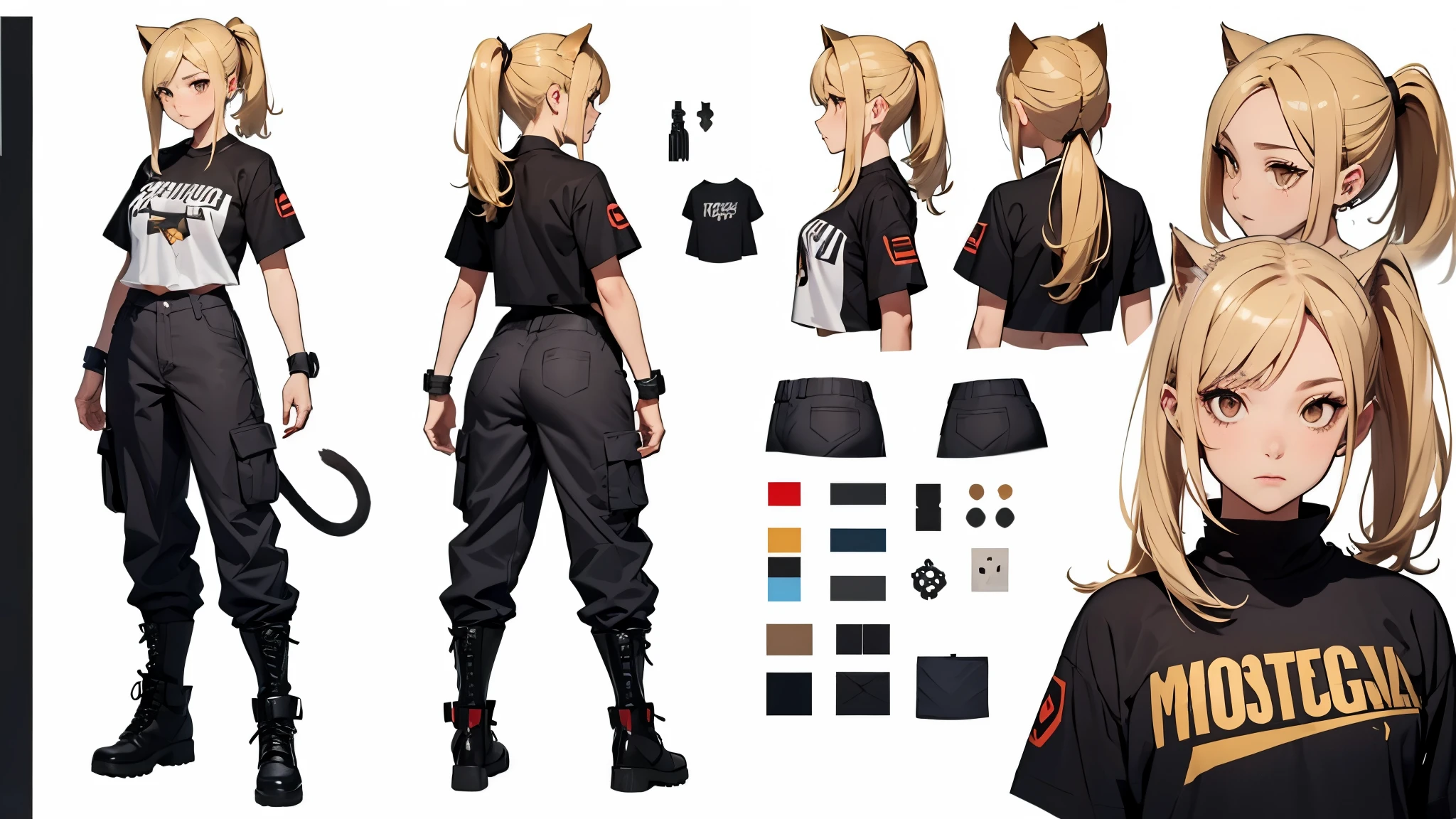 (Masterpiece, best quality), detailed, ((character concept art)), ((character design sheet, same character, front, side, back)), many items, (1girl, (monstergirl, catgirl), t-shirt, cargo pants, military boots, many parts), (light skin color:1) , (brown eyes), detailed face, random expressions, athletics physical form, (cat features, cat tail, cat ears), blonde hair color,  detailed hair, high ponytail style haircut, full of details, (simple background, white background: 1.3)