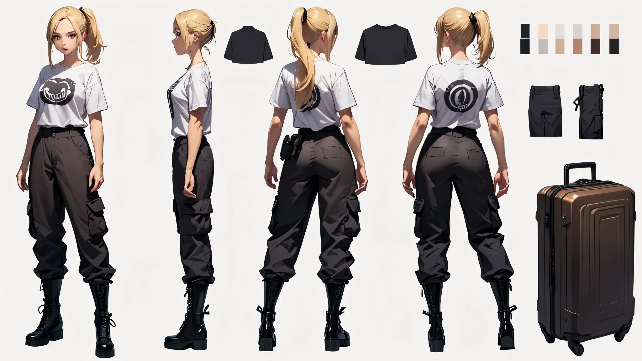 (Masterpiece, best quality), detailed, ((character concept art)), ((character design sheet, same character, front, side, back)), many items, (1girl, t-shirt, cargo pants, military boots, many parts), (light skin color:1) , (brown eyes), detailed face, random expressions, base physical form, blonde hair color,  detailed hair, high ponytail style haircut, full of details, (simple background, white background: 1.3)