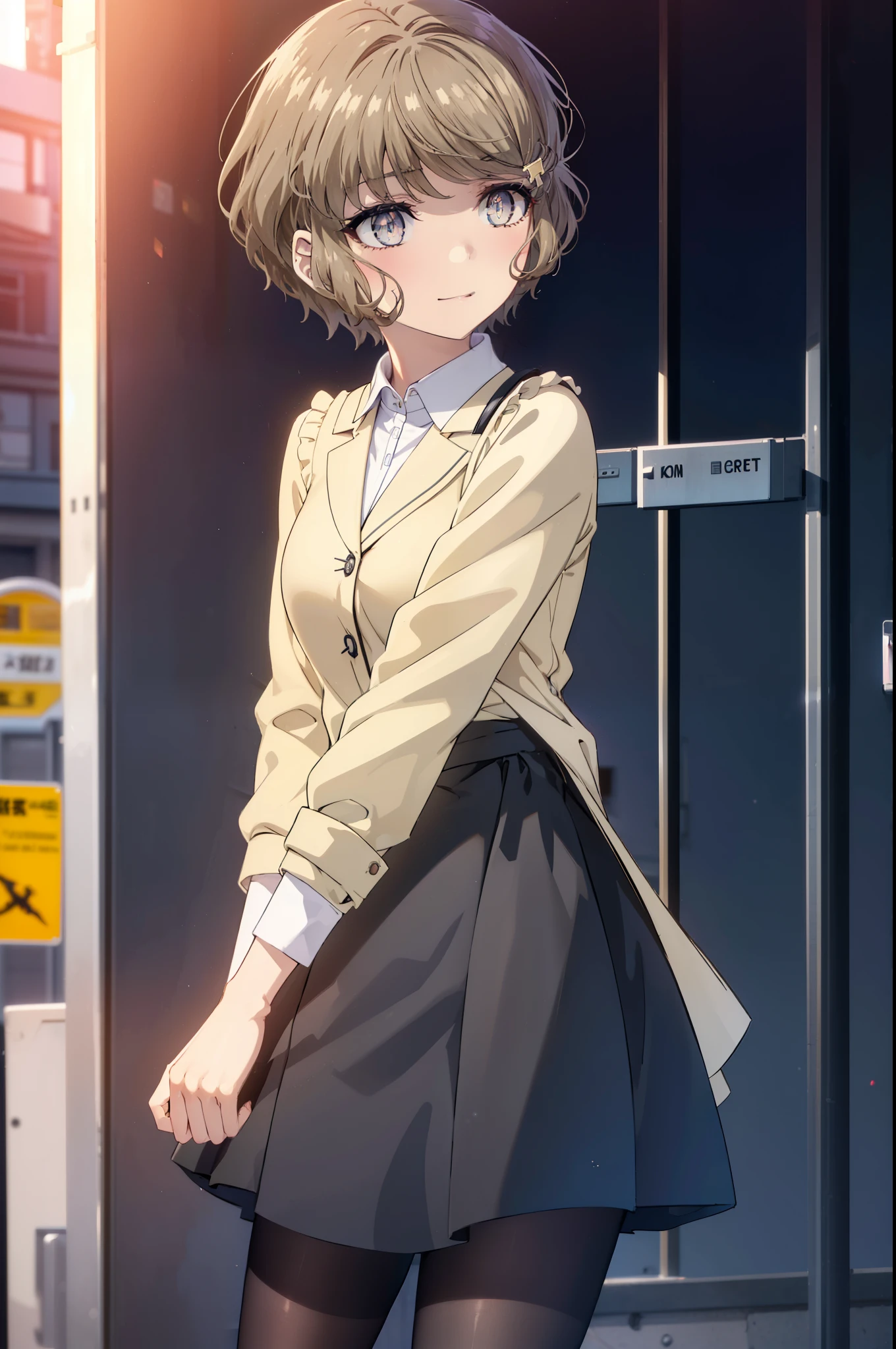 tomoekoga, Chie Koga, short hair, brown hair, blue eyes, hair clip,big breasts ,happy smile, smile, open your mouth,OL, yellow long coat The front desk is empty,end, black suit jacket, collared jacket, white dress shirt, collared shirt, neckline, button, strap, ID card on the neck, black pencil skirt, black pantyhose, stiletto heels,sunset,evening,
break outdoors, city,building street,
break looking at viewer, (cowboy shot:1.5),
break (masterpiece:1.2), highest quality, High resolution, unity 8k wallpaper, (shape:0.8), (fine and beautiful eyes:1.6), highly detailed face, perfect lighting, Very detailed CG, (perfect hands, perfect anatomy),