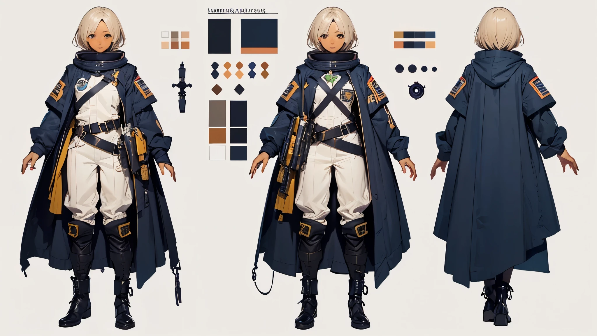 (Masterpiece, best quality), detailed, ((character concept art)), ((character design sheet, same character, front, side, back)), many items, (random gender, sci-fi uniform cloth, space traveler cloth, military cloth, many parts), (random skin color:2) , (random eyes), random face, random expressions, random physical form, random hair color, random detailed hair, random style haircut, full of details, (simple background, white background: 1.3)