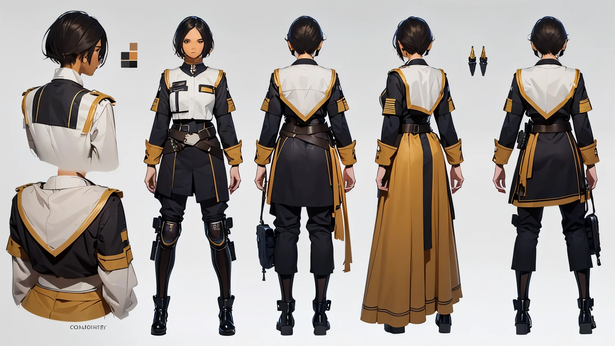 (Masterpiece, best quality), detailed, ((character concept art)), ((character design sheet, same character, front, side, back)), many items, (random gender, sci-fi uniform cloth, space traveler cloth, military cloth, many parts), (random skin color:2) , (random eyes), random face, random expressions, random physical form, random hair color,  random detailed hair, random style haircut, full of details, (simple background, white background: 1.3)