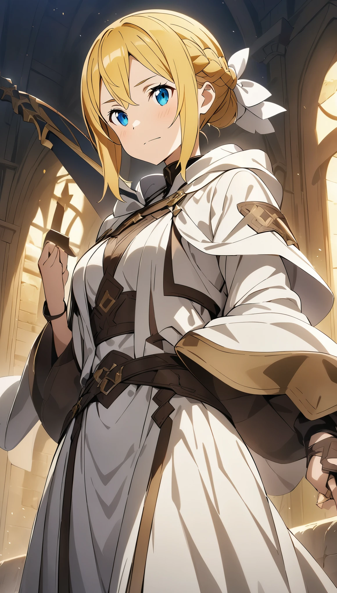 one woman、Also々new look、Alsoとした表情、cold look、medieval monk、pure white battle uniform、blonde、french braid、have a sword、white cloak、Sword Art Online、(masterpiece, highest quality, highest quality, official art, beautiful and aesthetic:1.2)