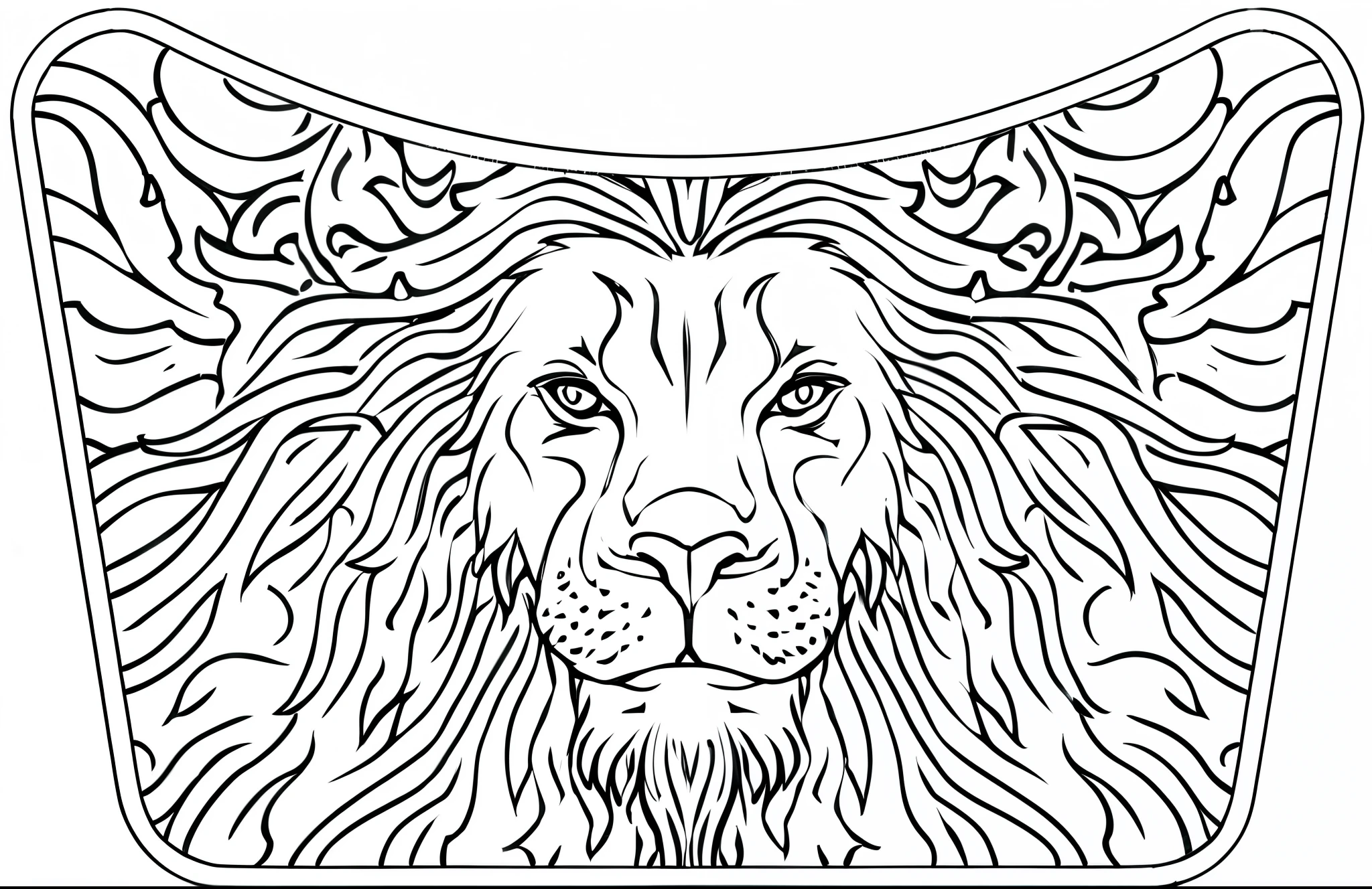 (Monochrome, Adult Colouring Pages, Vectorized) Lion on oval bag vector design, minimalist line drawing: lion on oval bag vector design, minimalist line drawing: 3, vector design, image of lion head on the front, lion's hairs all over the image, head, composition, hairs. Background decorated with lion head hairs extended and spread throughout the image. This is adult colouring, text, smooth lines, vector design with image