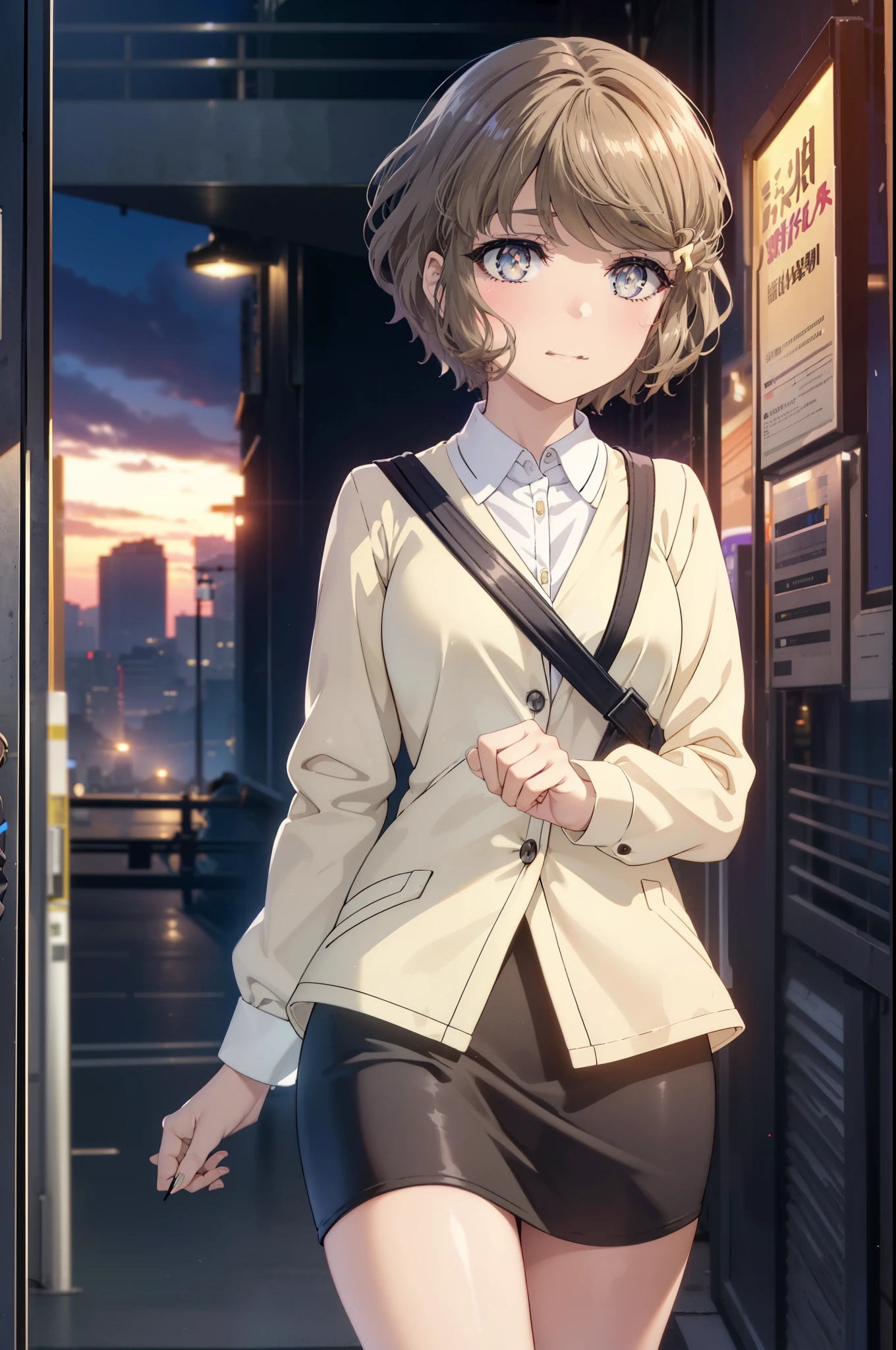 tomoekoga, Chie Koga, short hair, brown hair, blue eyes, hair clip, ,happy smile, smile, open your mouth,OL,  yellow long coat　The front desk is empty,end, black suit jacket, collared jacket, white dress shirt, collared shirt, neckline, button, strID card on the neck, black pencil skirt, black pantyhose, stilheels,sunset,evening,
break outdoors, city,building street,
break looking at viewer, (cowboy shot:1.5),
break (masterpiece:1.2), highest quality, High resolution, unity 8k wallpaper, (shape:0.8), (fine and beautiful eyes:1.6), highly detailed face, perfect lighting, Very detailed CG, (perfect hands, perfect anatomy),