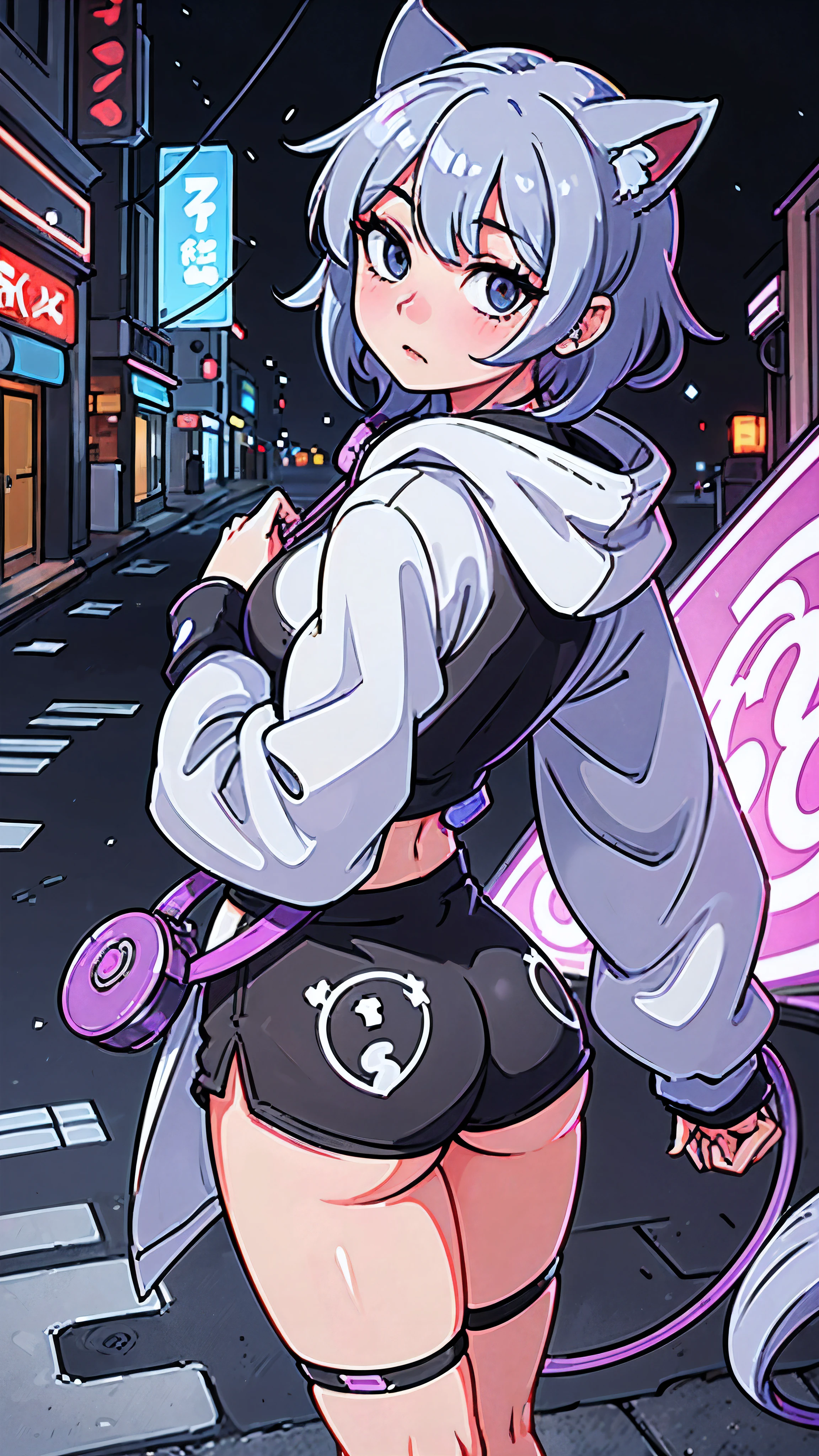 anime girl with short blue grey hair and a cat hat facing forward and looking back, sexy, cute, anime style illustration, moe artstyle, wallpaper 8 k, digital illustration, beautiful catgirl, she wears a short hoodie with animal ears and short shorts, nice round butt, futuristic fashion in black and holographic colors,, cables coming out of the sleeves, the background is that of a neon japanese style city, purple and black, black cat eyes, holographic, holo details, ink style, 8k wallpaper, medium size bust, large butt, standing in street of japanese market with signs that have japanese text