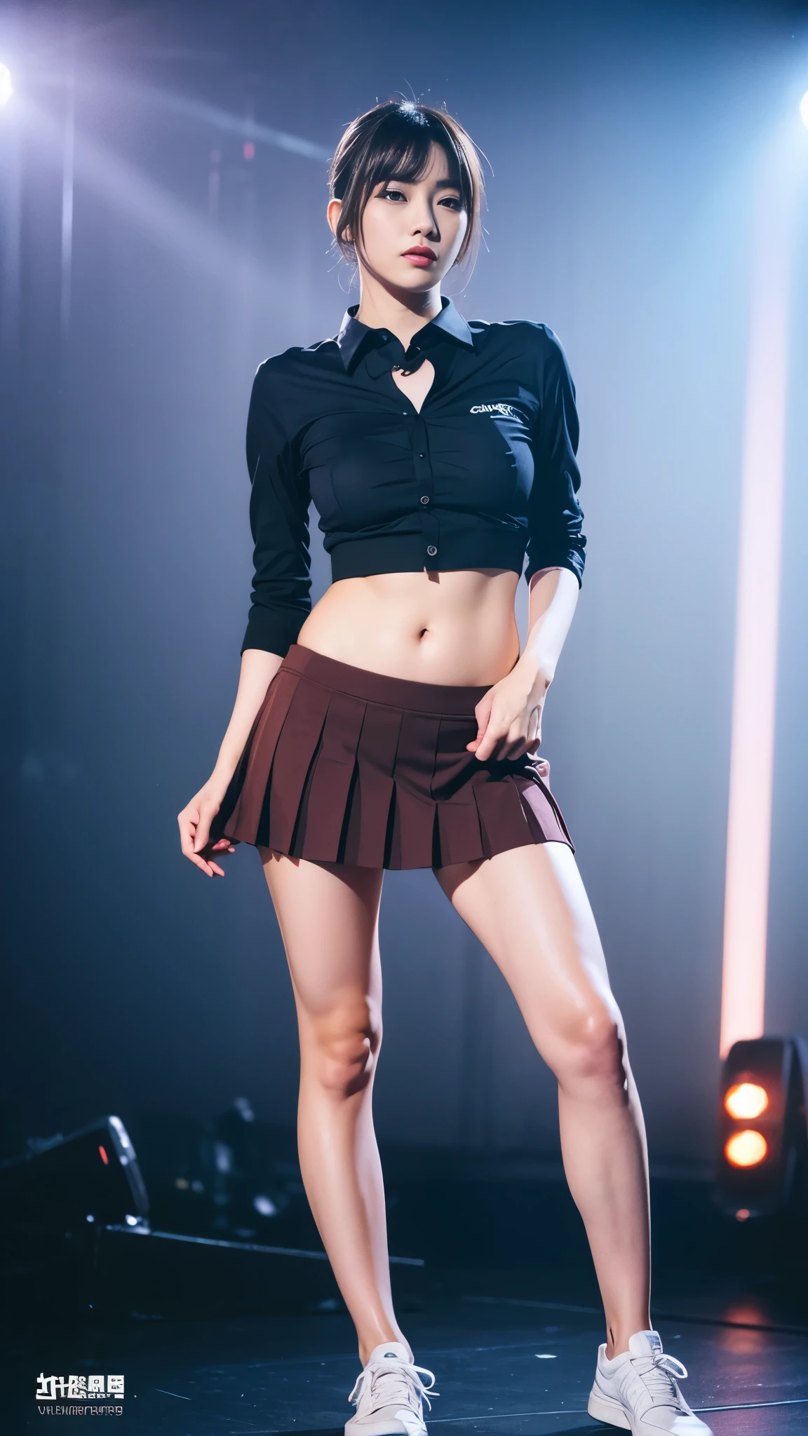 (highly detailed body, very detailed face, best quality:1.2) ,female, look at the viewer, (skin texture), cinematic light, side lights, Ultra-high resolution, small face, very large saggy breasts, on the dance stage, (Collared shirt that shows the navel), (cover pubic hair), (short sexy pleated skirt), (Stand with your legs apart), (glowing skin, skin glow), stretch one's legs, Look straight ahead, straight bangs, bangs cutting, shiny sneakers, Dark brown hair, 8k, hud,