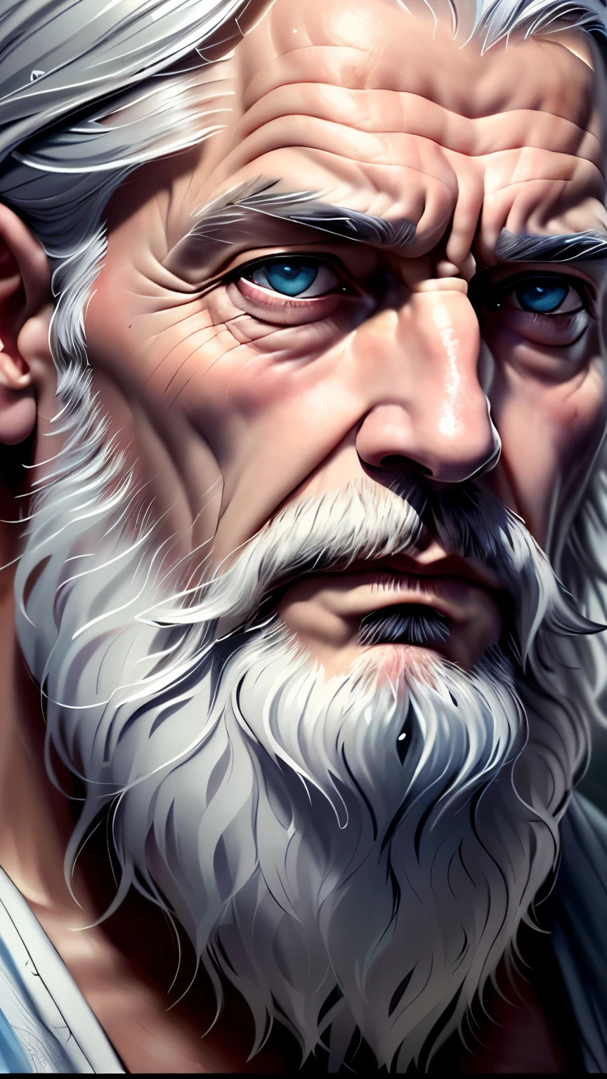 silver hair, White-bearded old man, deep in thought, frown, Right side of face close-up, His face was full of doubts, wrinkled skin, discernment, soft light, textured brushstrokes, painting, high resolution, Super detailed, photorealistic, Retro Style, Monochromatic color palette