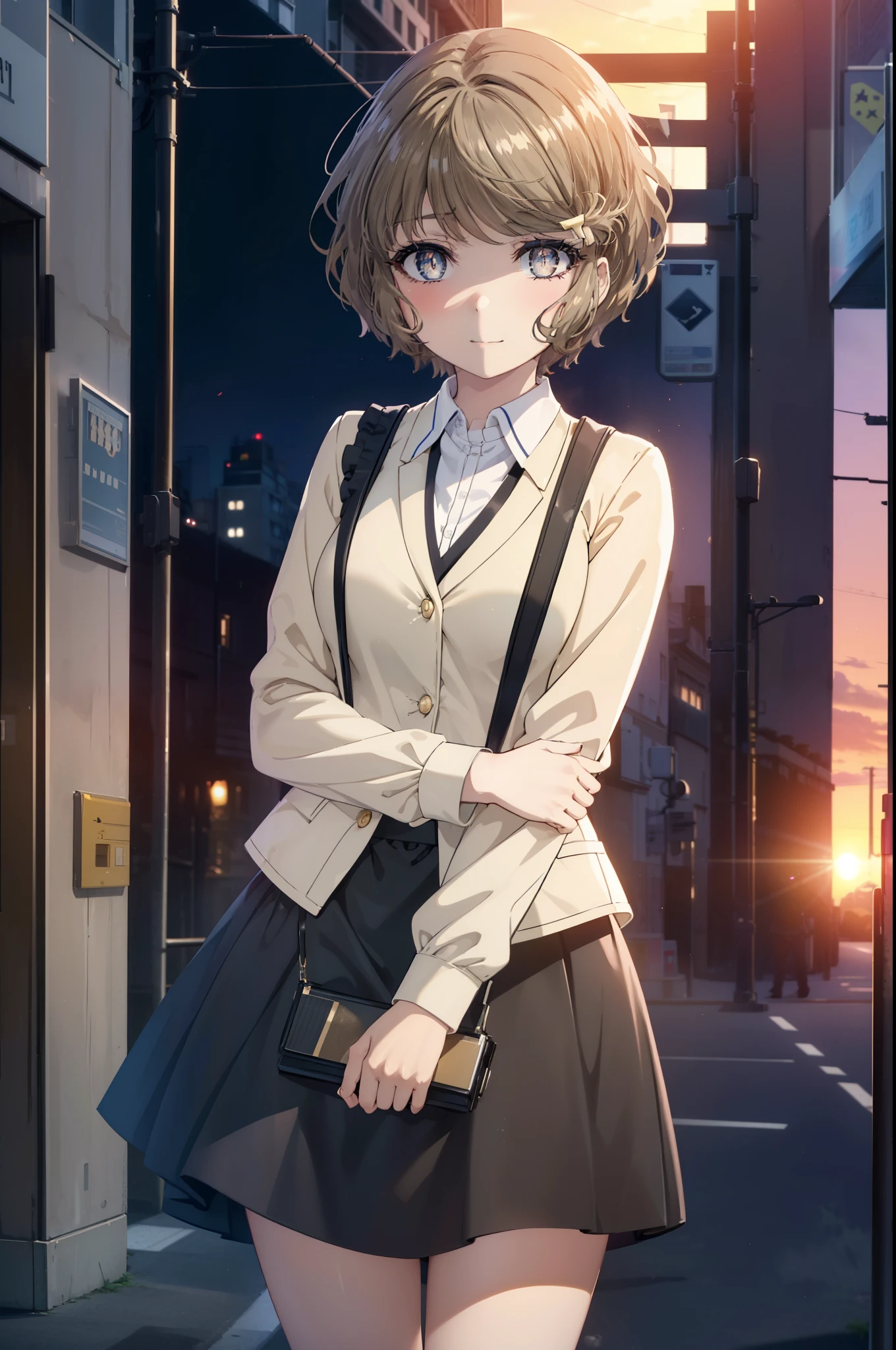 tomoekoga, Chie Koga, short hair, brown hair, blue eyes, hair clip,big breasts ,happy smile, smile, open your mouth,OL, yellow long coat The front desk is empty,end, black suit jacket, collared jacket, white dress shirt, collared shirt, neckline, button, strap, ID card on the neck, black pencil skirt, black pantyhose, stiletto heels,sunset,evening,
break outdoors, city,building street,
break looking at viewer, (cowboy shot:1.5),
break (masterpiece:1.2), highest quality, High resolution, unity 8k wallpaper, (shape:0.8), (fine and beautiful eyes:1.6), highly detailed face, perfect lighting, Very detailed CG, (perfect hands, perfect anatomy),