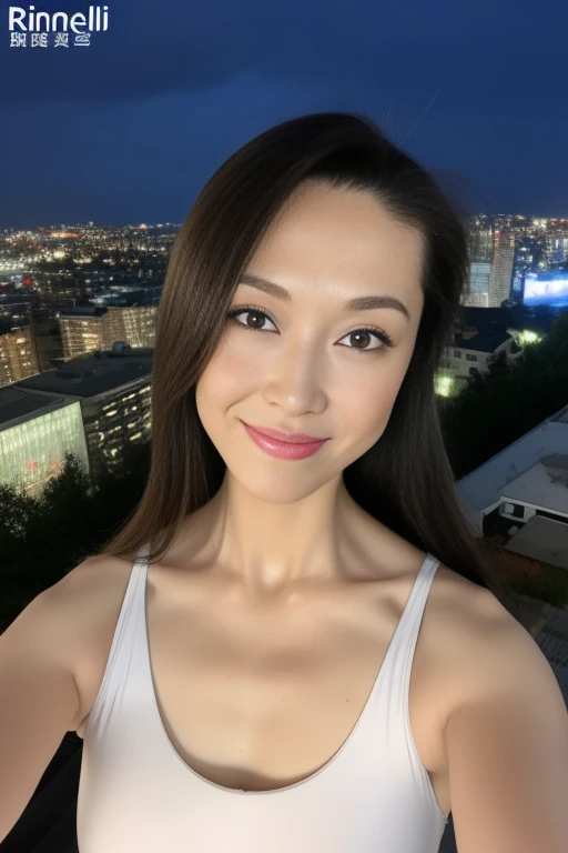 highest quality、master piece、超A high resolution、(hentel realism:1.4)、(real skin texture:1.3)、with panoramic view、porate、very wide angle lens、beautiful adult woman、Beautiful details down to the eyes and skin、small smile、long wet brown hair、small bust、large necklace、white high leg swimsuit,Please get it wet、rainの日に, You can see a bright night view from the roof of the building.、明るい夜のrain雲、rainの夜の街の明かり、rain、