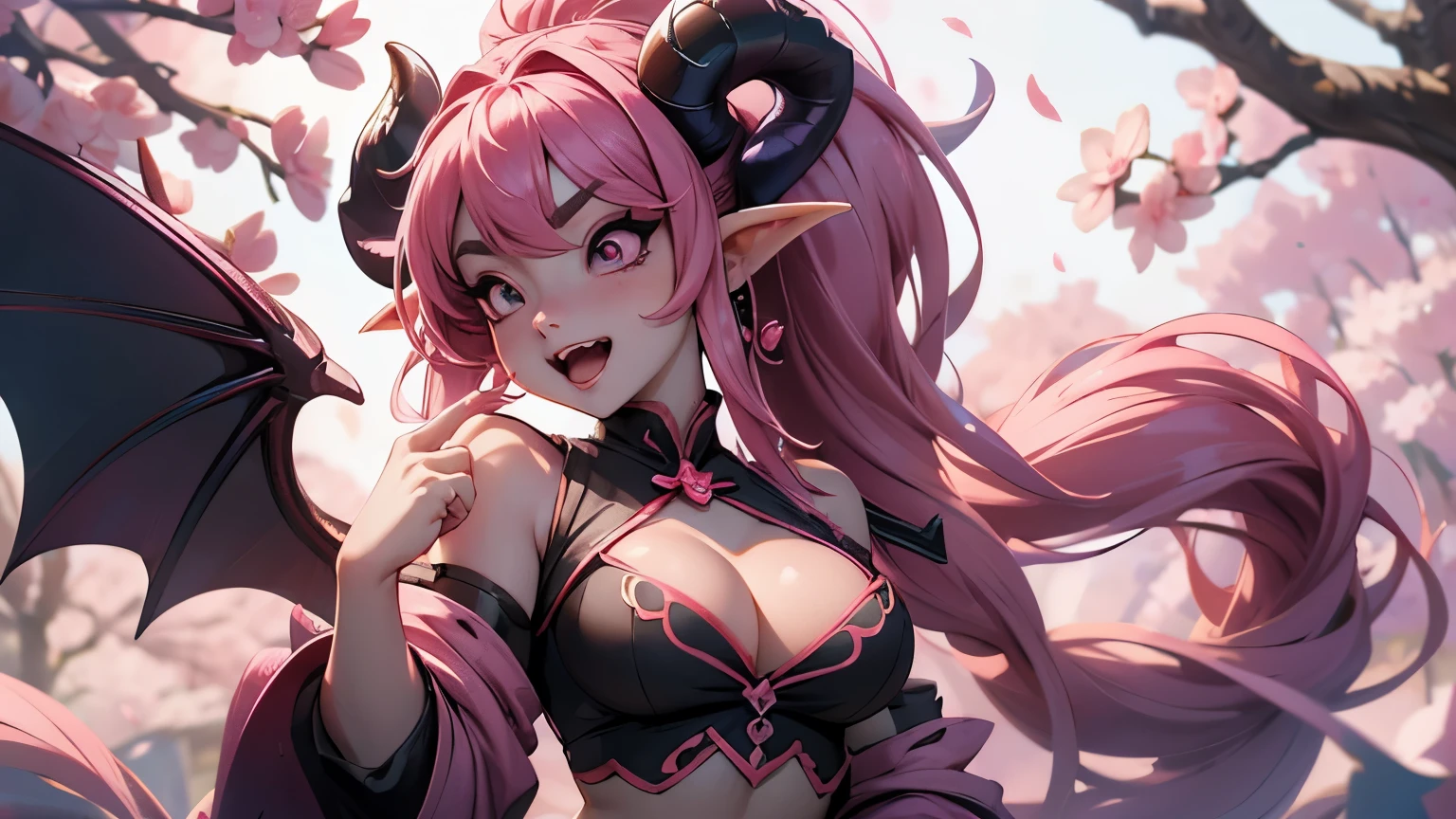 masterpiece、High resolution、highest quality、4k、whole body、1 beautiful girl、real anime、succubus、Bikini armor that looks like cherry blossoms、Big eyes、cute eyes、pink hair、ponytail、open mouth smile、cheek、raising one hand、A small bird is perched on one hand.、(((super big breasts、cleavage、ピンク色のsuccubusの羽、pink sheep horn)))、Background of many cherry blossoms blooming、Many cherry blossom petals are flying、