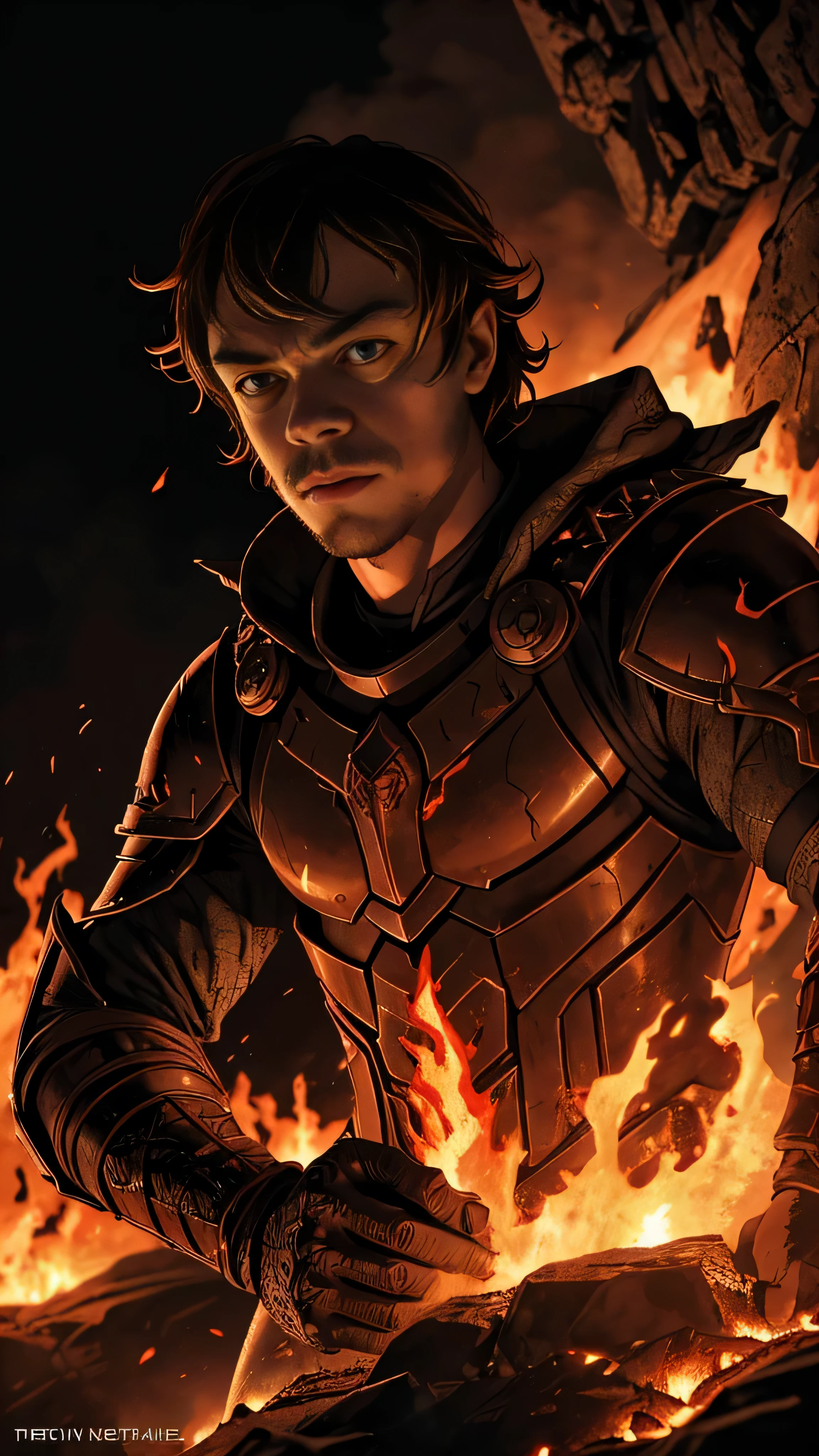 postapocalypse, (Alfie Allen) as Theon Greyjoy, magma everywhere, lava everywhere, fire everywhere, hell on earth, 1man, solo, beautiful detailed glow, detailed, cinematic light, intricate detail, realistic, highres, detailed facial features, high detail, sharp focus, smooth, aesthetic, extremely detailed, stamp, octane render