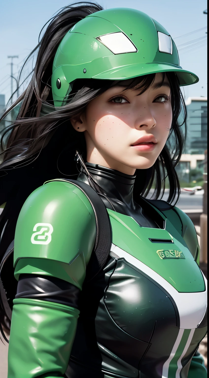 Highest image quality, Excellent details, ultra high resolution, (realism: 1.4), best illustrations, Offer details, Highly concentrated 1girl, Has a delicate and beautiful face, Wearing black and green mecha, Wearing a mecha helmet, holding direction controller, riding a motorcycle, The background is a high-tech light scene of a futuristic city.