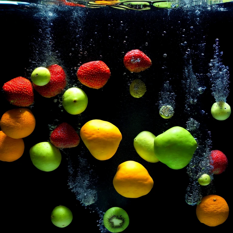 A bunch of ripe various types of fruit's, with water droplets, falling into a deep black water tank, creating a colorful contrast and intricate splash patterns, Created Using: underwater photography, contrast enhancement, natural sunlight filtering through water, slow motion capture, color saturation boost, detailed texture, dynamic composition