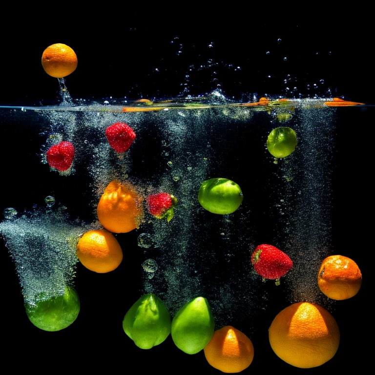 A bunch of ripe various types of fruit's, with water droplets, falling into a deep black water tank, creating a colorful contrast and intricate splash patterns, Created Using: underwater photography, contrast enhancement, natural sunlight filtering through water, slow motion capture, color saturation boost, detailed texture, dynamic composition