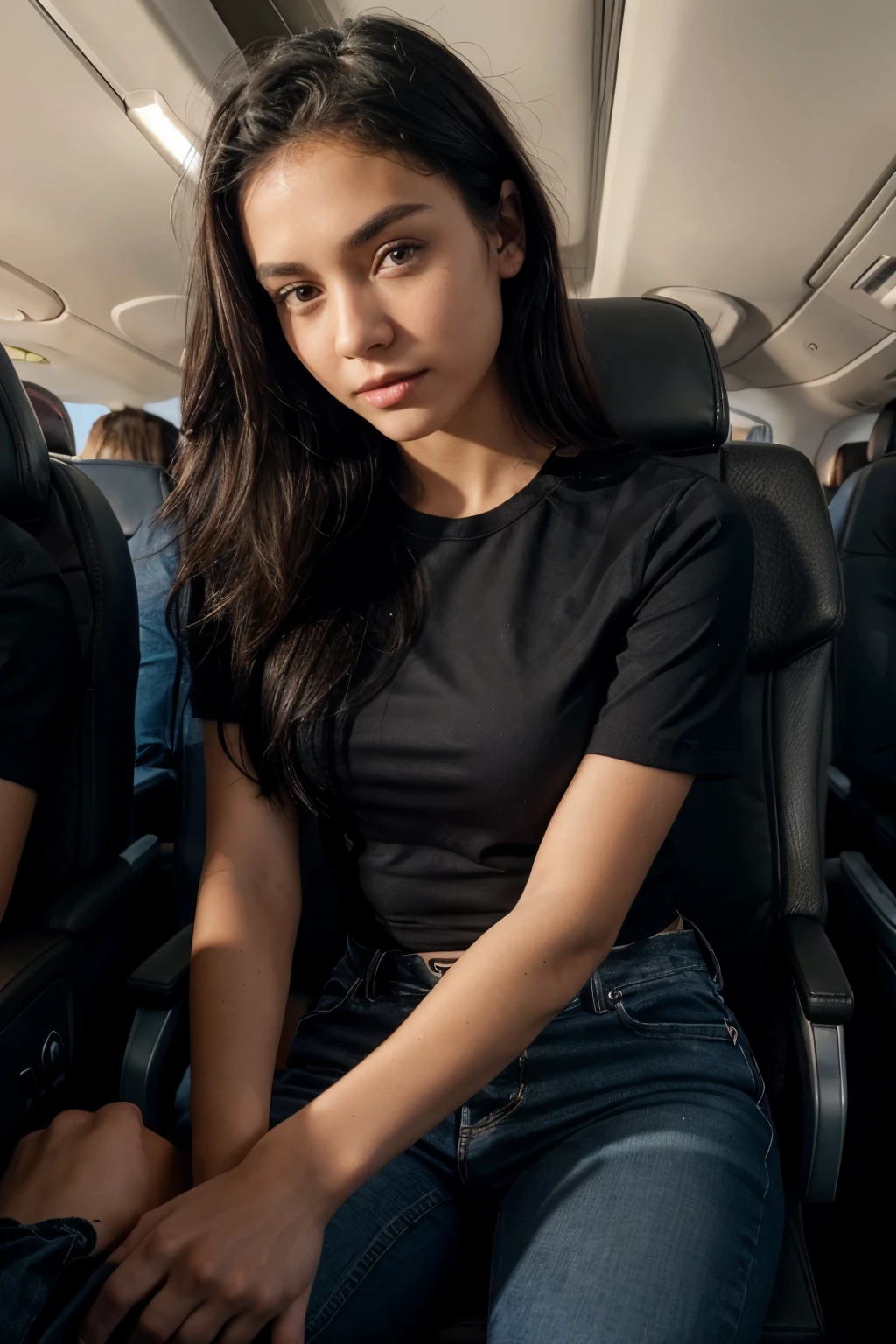 best quality, 4k, 8k, highres, masterpiece:1.2), ultra- detailed, (realistic, photorealistic, photo -realistic:1. 37), woman, full body, long black hair, detailed face, woman with long brown hair and perfect face), por trait sophie mudd, thick ash brown hair and large ey es, extremely beautiful face, aquiline nose, glossy II ps, anna nikonova aka newmilky, very pretty model, very pretty face, very beautiful girl, beautiful model girl, dasha taran, beautiful model, very beautiful fac e, beautiful girl model, flawless face, ultra beautiful A model poses a girl photo inside an airplane wearing big sunglasses and black shirt and red pant and yellow shoes sitting on airplane chair beside a stranger and she looks from window