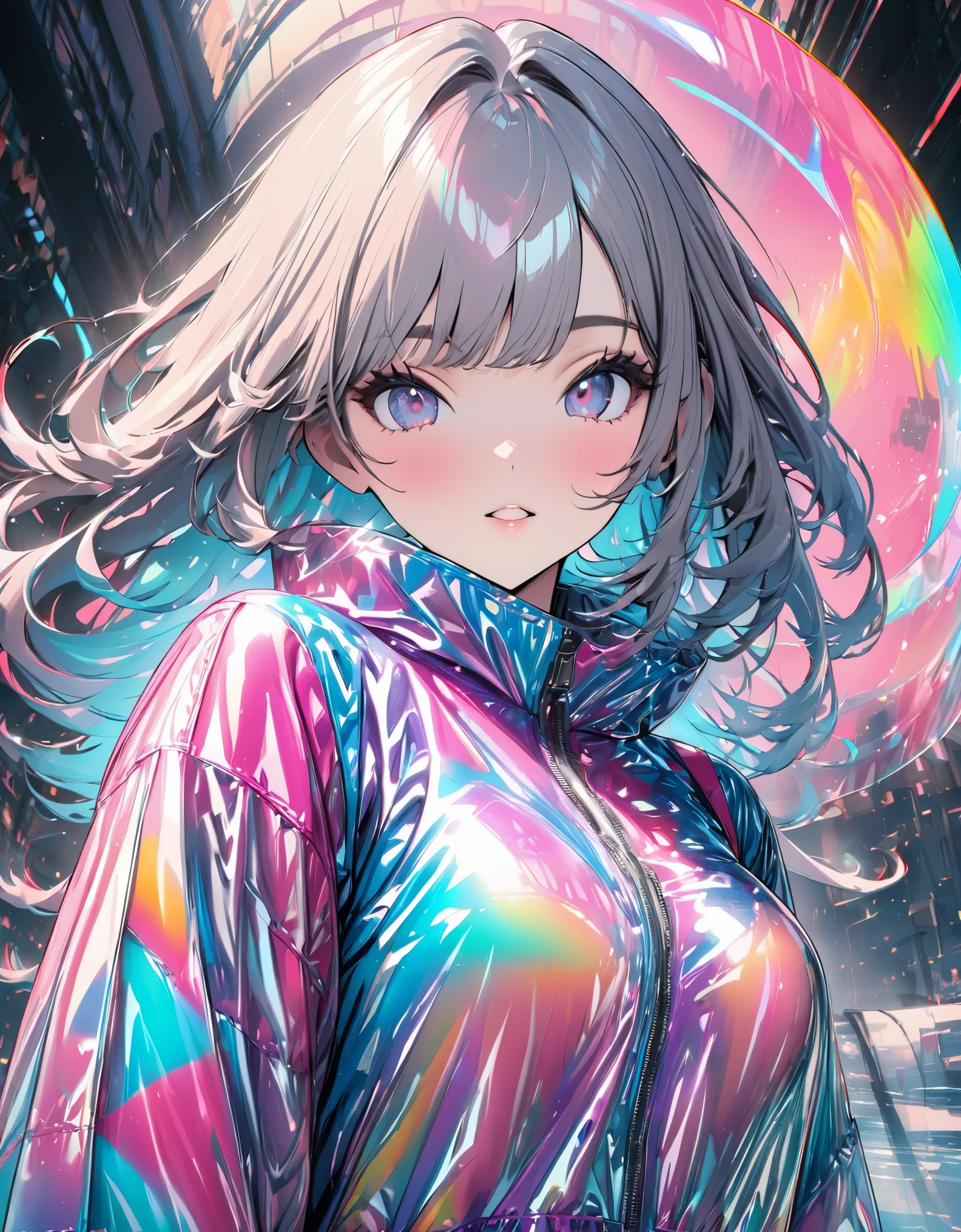 Best quality,masterpiece,transparent color PVC clothing,transparent color vinyl clothing,prismatic,holographic,chromatic aberration,fashion illustration,masterpiece,girl with harajuku fashion,looking at viewer,8k,ultra detailed,pixiv,