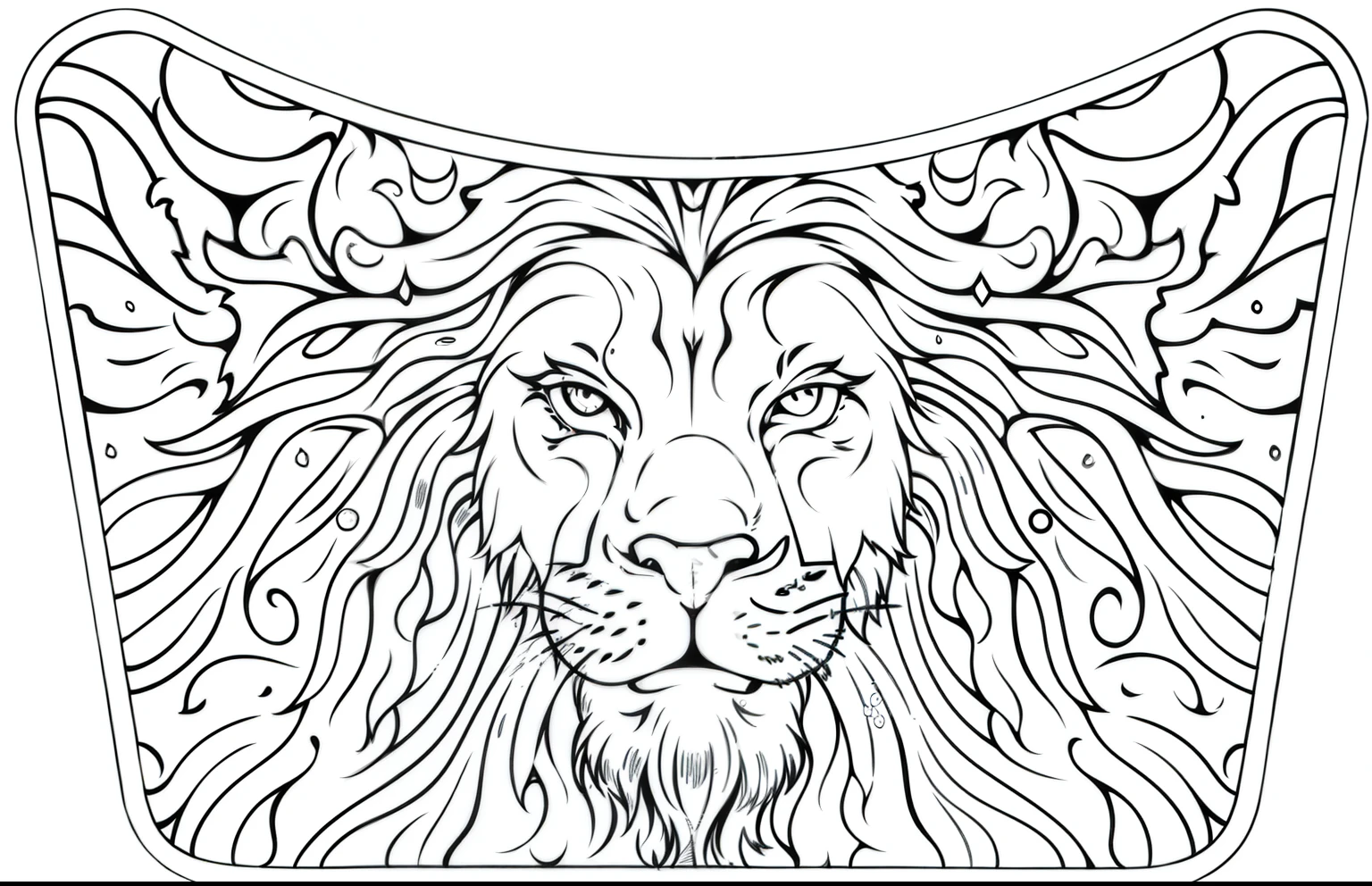 (Monochrome, Adult Colouring Pages, Vectorized) Lion on oval bag vector design, minimalist line drawing: lion on oval bag vector design, minimalist line drawing: 3, vector design, image of lion head on the front, lion's hairs all over the image, head, composition, hairs. Background decorated with lion head hairs extended and spread throughout the image. This is adult colouring, text, smooth lines, vector design with image