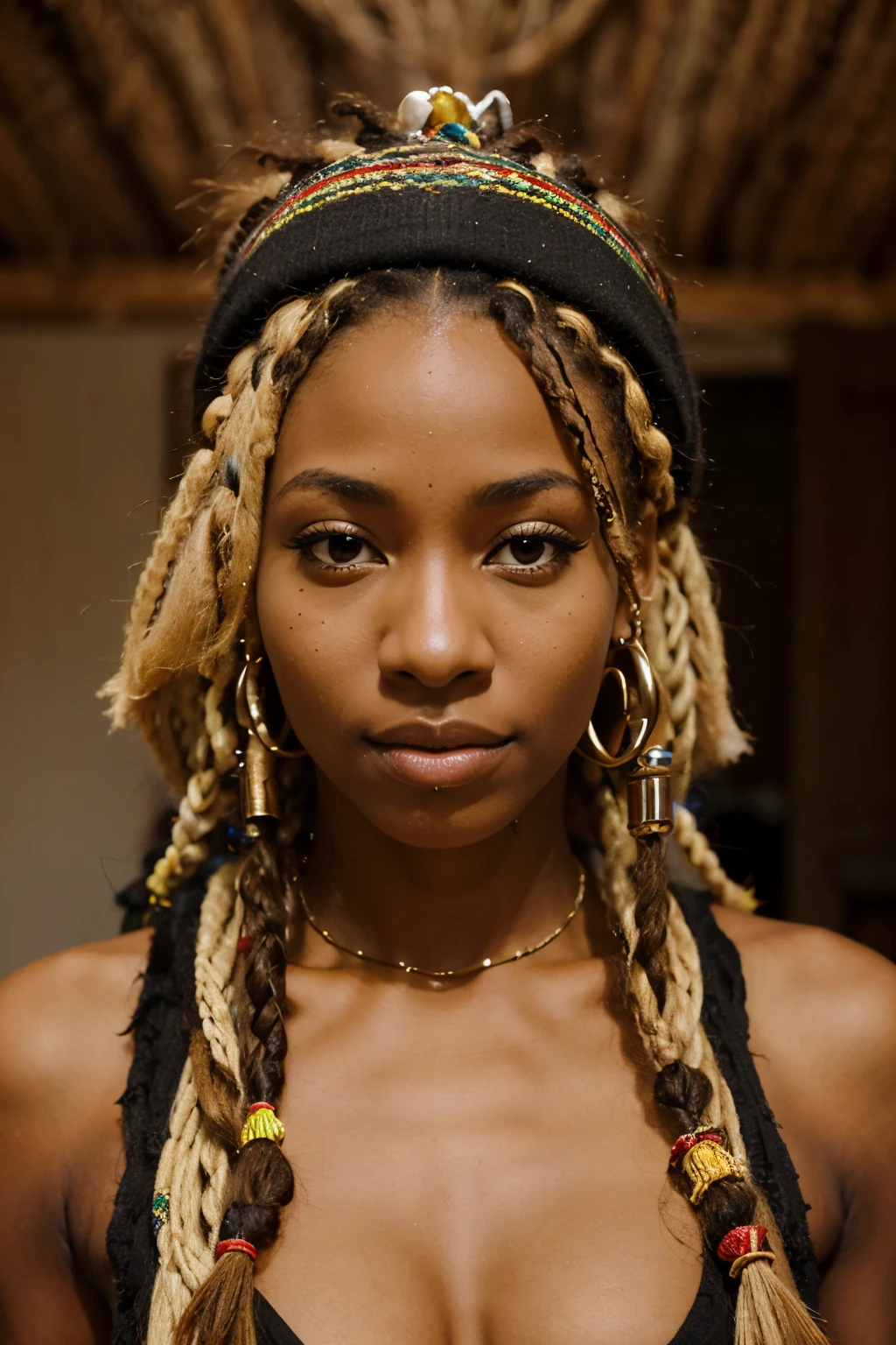 Black female super hero with blonde dreadlocks, wearing black and gold