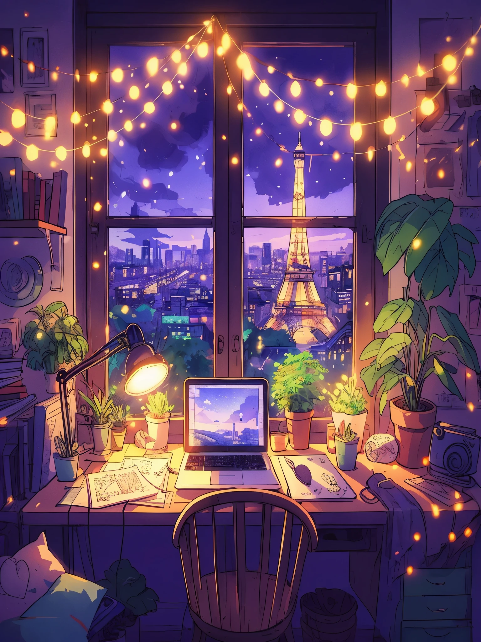 Draw anime lofi scene of fairylights tiny workdesk room, cozy, plants, books, laptop, household items, eiffel tower visible from window,  ambient light, purple greenish light, vibrant colors, peaceful, natural color tones, cloudy sky, beautiful color palette, vibrant saturated colors, masterpiece, no human