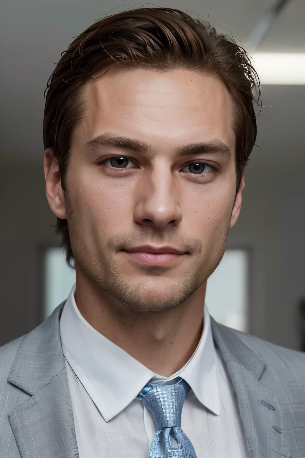 Create a highly detailed close-up portrait of a 35-year-old Caucasian male model, boasting a cleanly shaved face and sharply defined features reminiscent of a young Jude Law. His handsome countenance radiates charm and allure. The model's chestnut hair, voluminous and fashionably tousled, frames his face, adding a touch of masculinity. Dressed in a light blue casual suit and a crisp white shirt without a necktie, he exudes an air of sophistication and confidence.
The image captures every intricate detail of his skin texture, resulting in an extremely realistic and lifelike representation. Photographically precise, the image