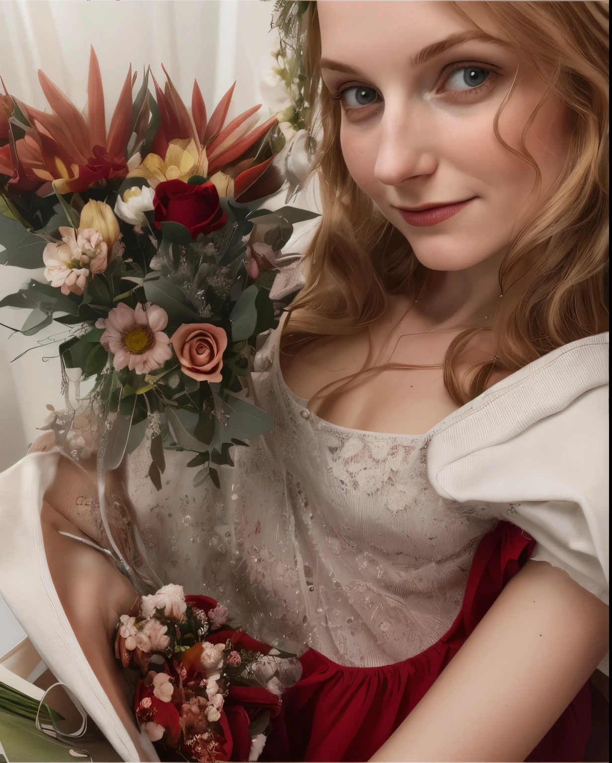 there is a woman holding a teddy bear and a bouquet of flowers, with flowers, sitting with flowers, wearing a red dress and hoodie and flowers, 1614572159, anna nikonova aka newmilky, 3 0 years old woman, 30 years old woman, profile image, ekaterina, holding flowers, yelena belova, beautiful girl