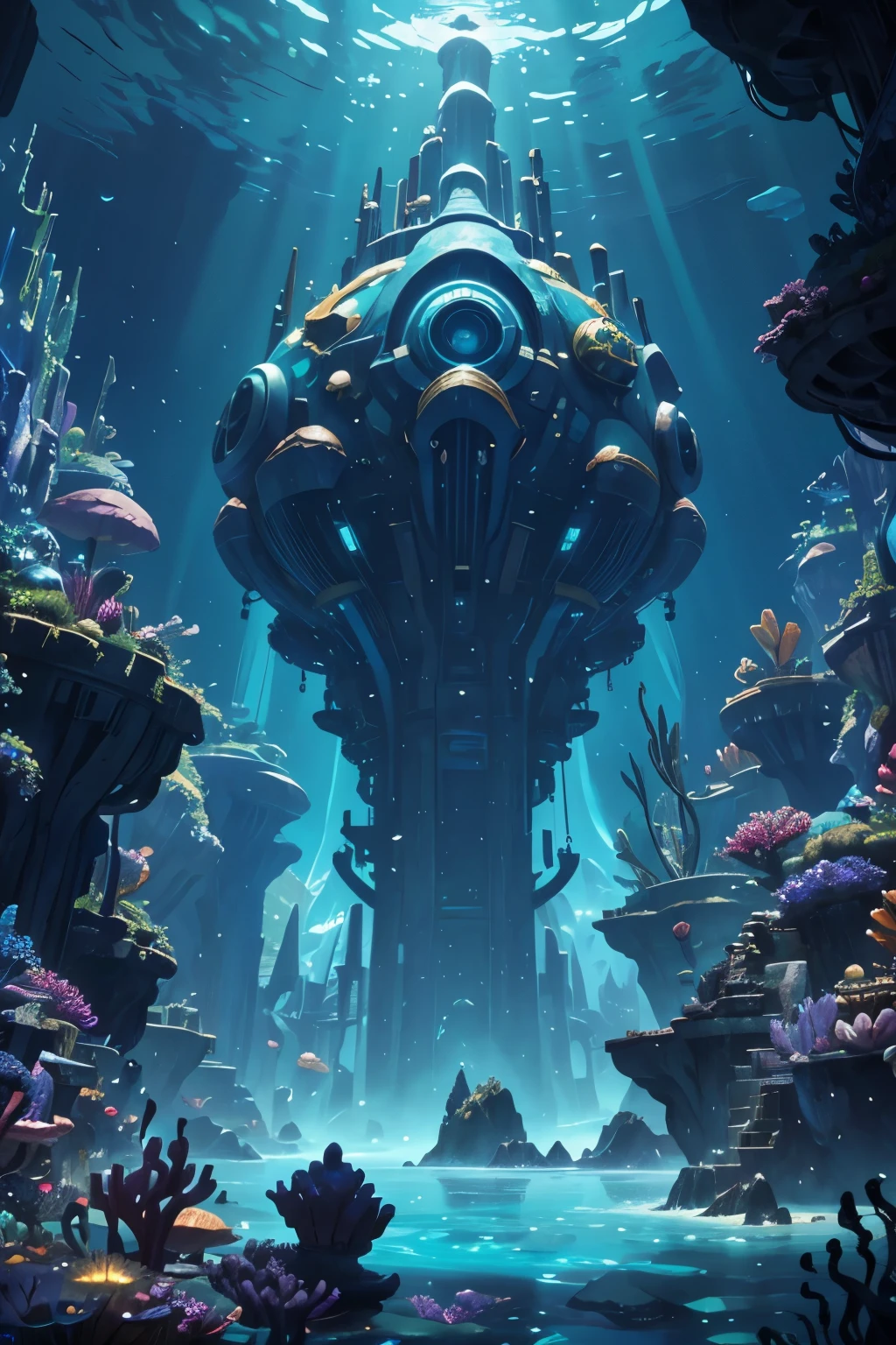 a painting of a beyond-dimensional fantasy world,a world of under the sea,Atlantis,science fiction,uplighting,studio Ghibli,unreal engine,epic composition,CG digital render,Ultra HD,technique highly detailed,triadic color scheme