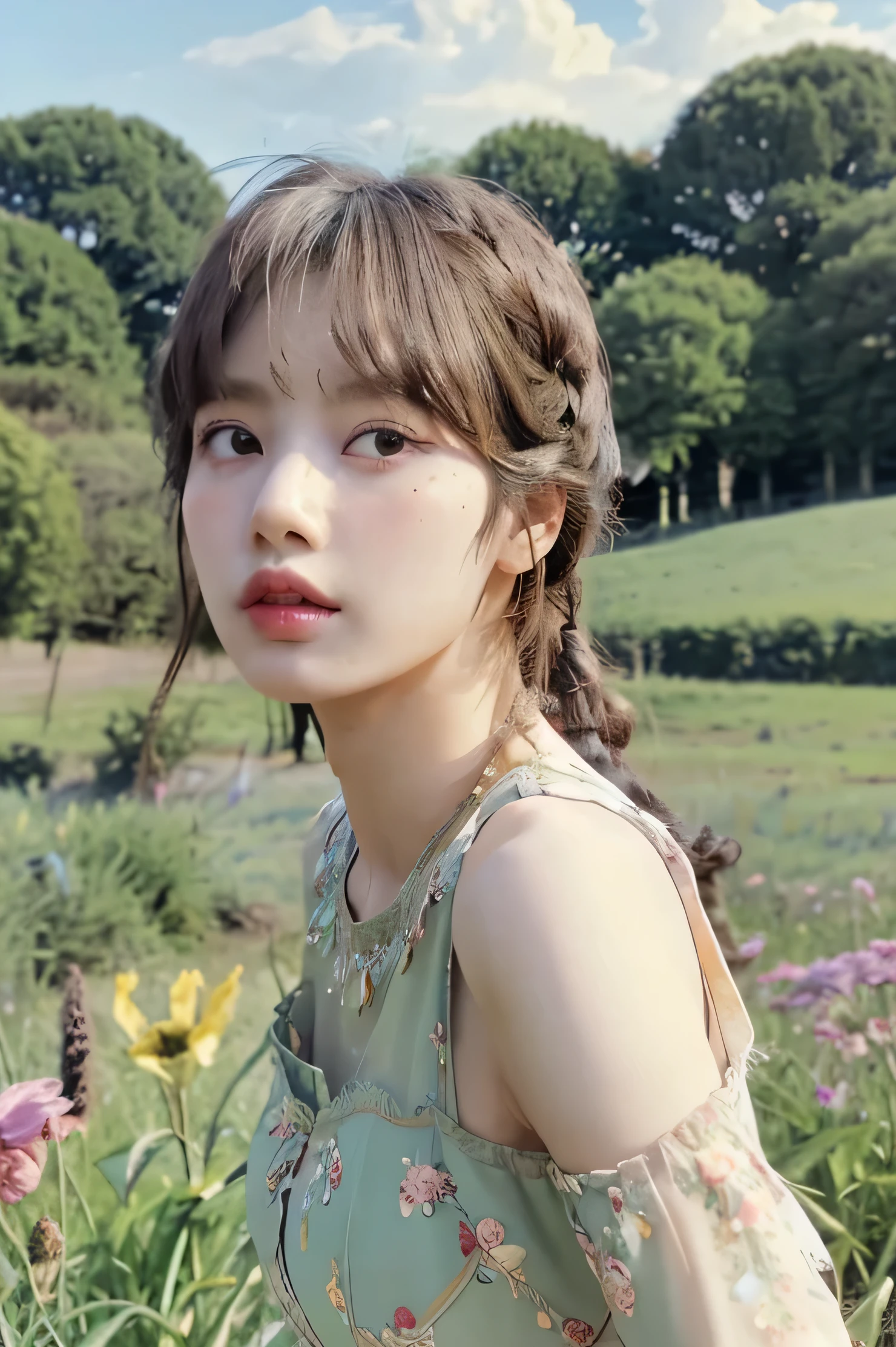 Elegantism,colored, A standing,full form, Lisa blackpink member facing the viewer in an antique dress with torn lace trim stands in a fallow field, behind are wildflowers by Heade and fields and wheat swaying gently under a clear sky. She has long tumbling loose hair adding depth to her profile. The photo captures her facing the viewer as she gazes thoughtfully facing forward.face by Auguste Toulmouche, Her expression is serene yet contemplative, embodying timeless beauty,greebles::3 --ar 45:64 --s 999 --c 33 --v 6.0