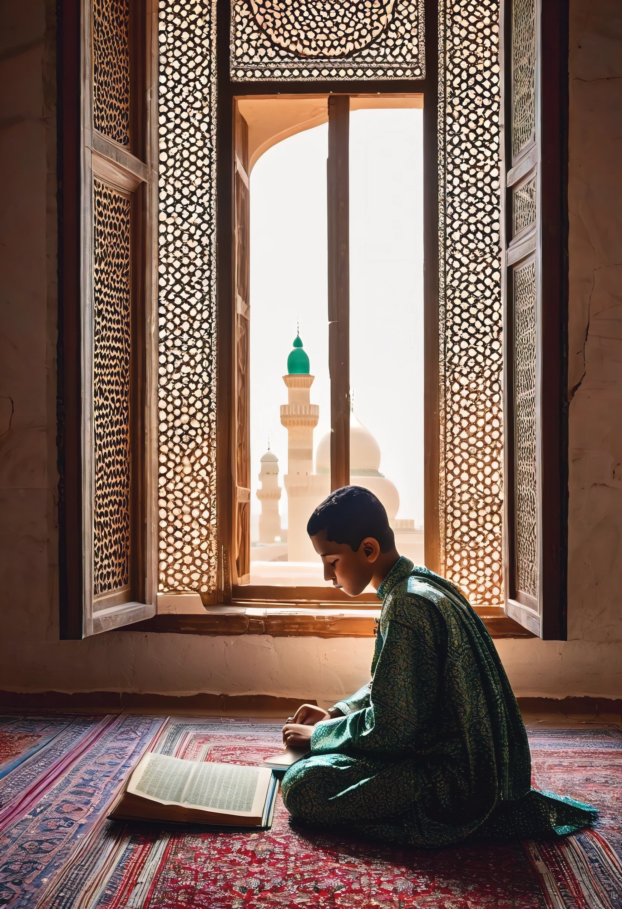 A muslim boy reading quran in ramadan,in 12th century era,in a mosque which is finely architectured,he is sitting behind a large window where light coming from the holes of the window,he is wearing traditional muslim cloth,the time is early morning, 