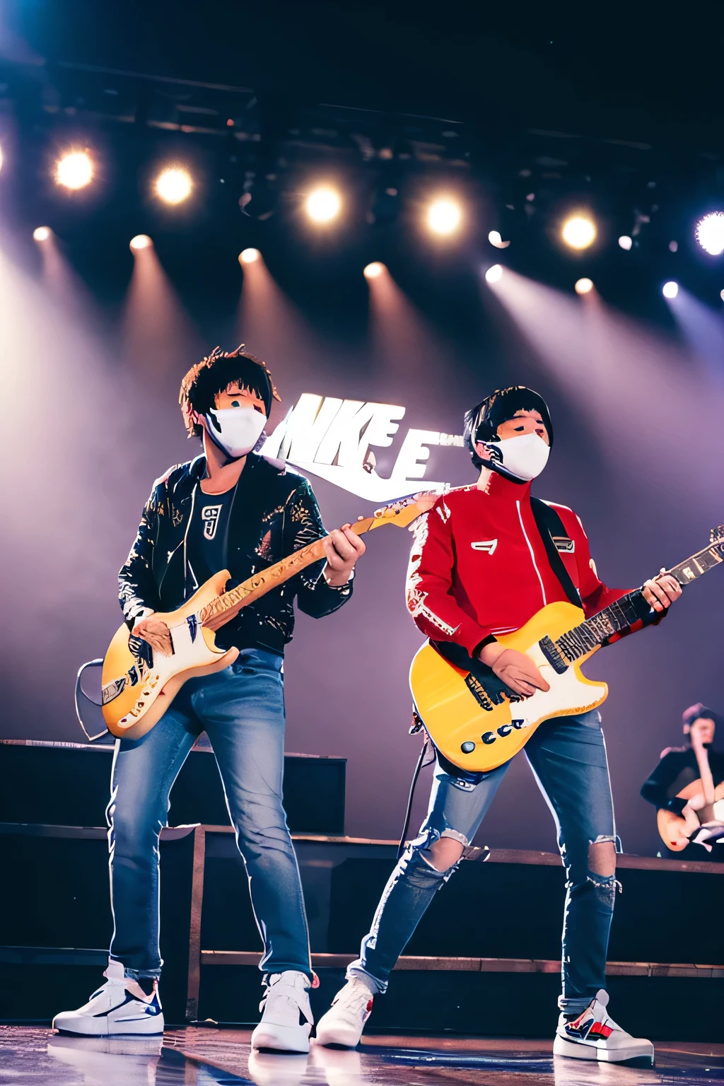 A charismatic male singer and a male guitarist on stage , they are wearing a Kitsune mask, wearing casual nike jackets and jean, a sea of enthusiastic fans cheering in the foreground, Photography, using a Canon EOS 5D Mark IV with a 24-70mm f/2.8 lens, capturing the energy in vivid detail,
