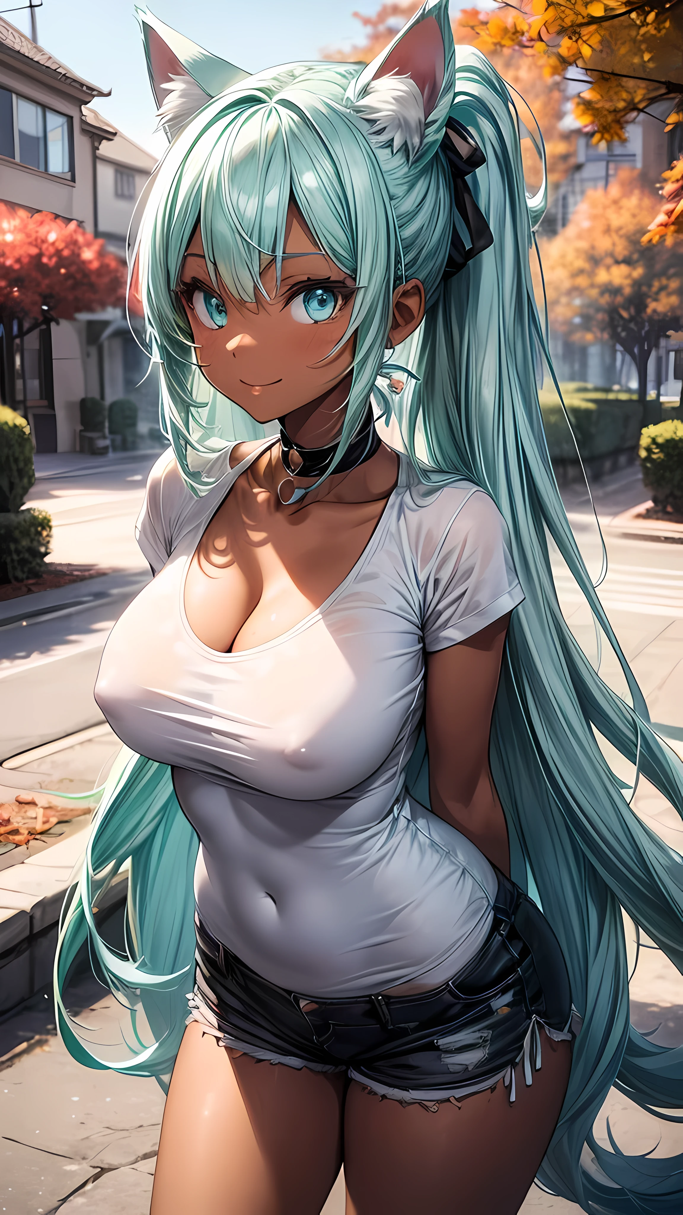 POV: Looking down at face and breasts, 1 female, dark skinned cat girl, (((dark skin))), (((mint colored cat ears))), ((appearance: subtle jewelry, silver hair clip, radiant aqua colored eyes,)), ((hair: long mint green hair, ponytail, side bangs, mint green hair, mint green cat ears, white ribbon,)), ((body: tall, slender figure, large breasts, hard nipples, wide hips,)), ((clothing: tight-fitting clothes, revealing top, white shirt, cleavage, short shorts,)), ((pose: arms behind back, bending forward, smiling, happy,)), ((scene: in a park, beautiful autumn colors,)), high quality,best quality, 8k_wallpaper,extremely detailed eyes, (large masterpiece digital art), (detailed manga illustration), (detailed line art), ((perfect)) anatomy, best hands)), (intricate details:1.3), (ultra-detailed:1.3), (illustration:1.3), (sharp focus:1.3), (natural lighting:1.05), (vivid colors:1.3),