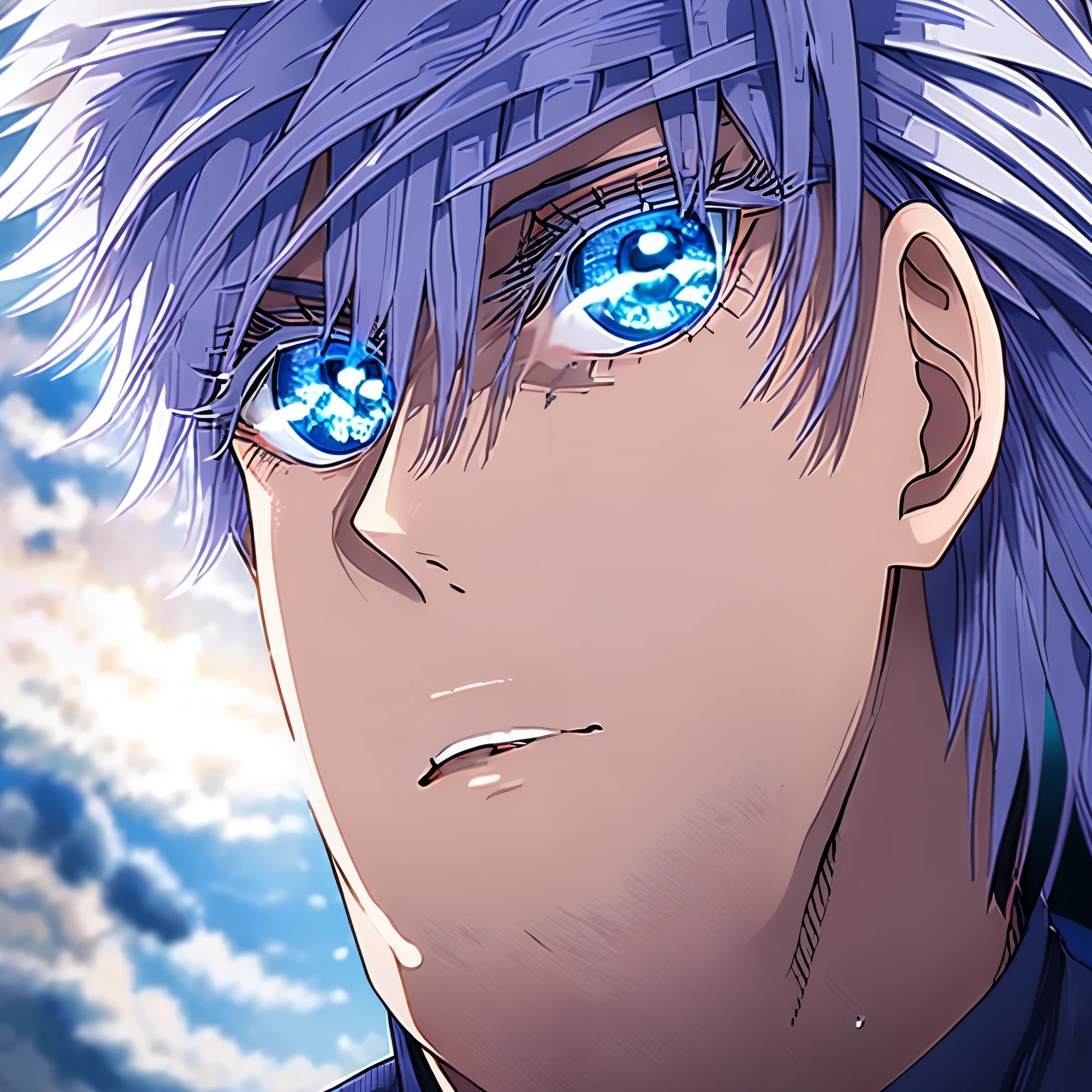 (masterpiece, highest quality:1.2), (highly detailed face), (very well-groomed face), close, face focus, alone, male focus, 1 boy, gojo satoru, smile, looking at the viewer, gray hair, blue eyes, clear eyes, beautiful eyes, detailed and beautiful eyes, long eyelashes, black sweater, long sleeve, black pants, lift sunglasses, beautiful blue sky, summer sky