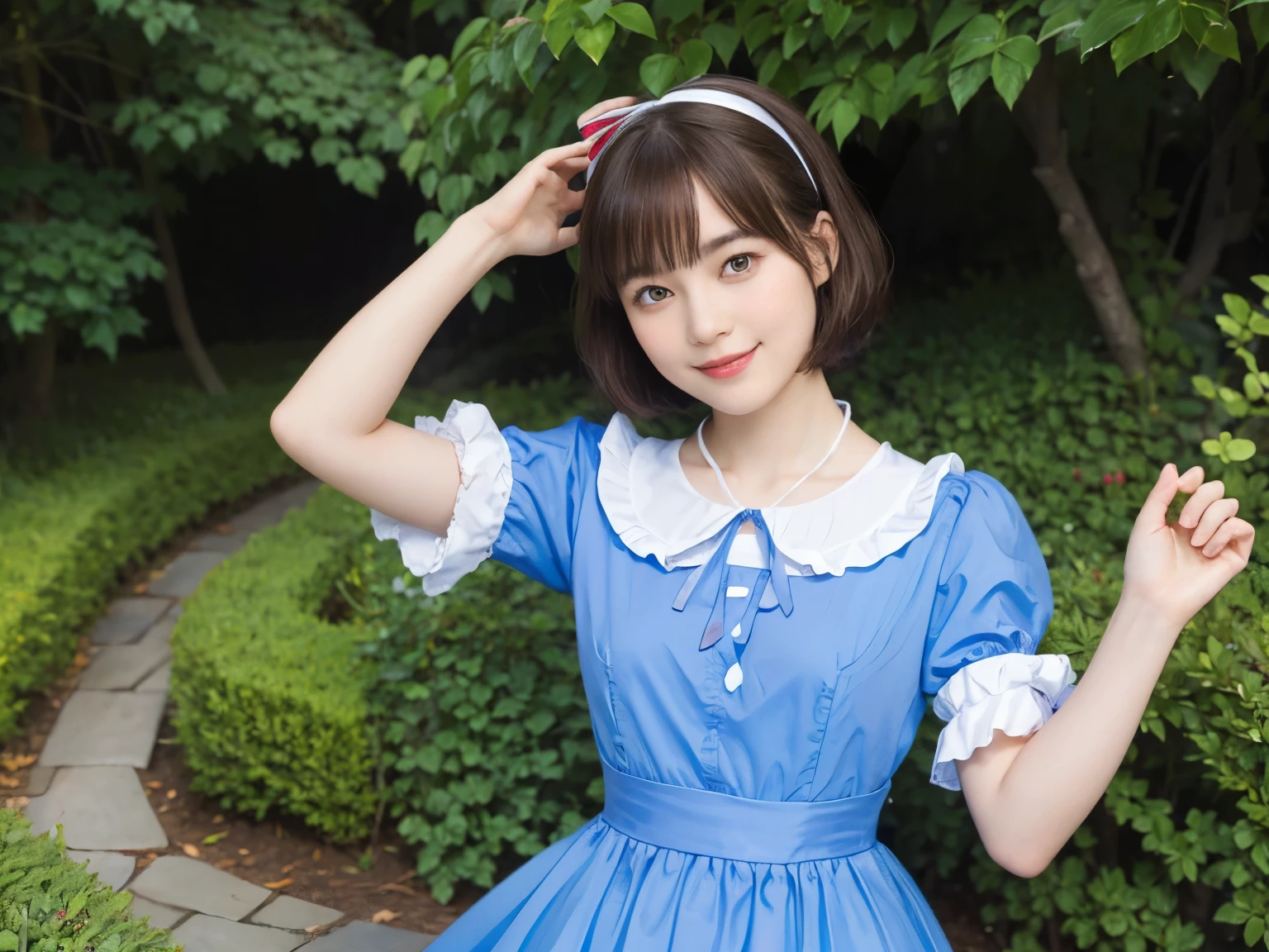 188 (alice in wonderland), (wearing a large ribbon on your head,), short hair, young woman, gentle smile