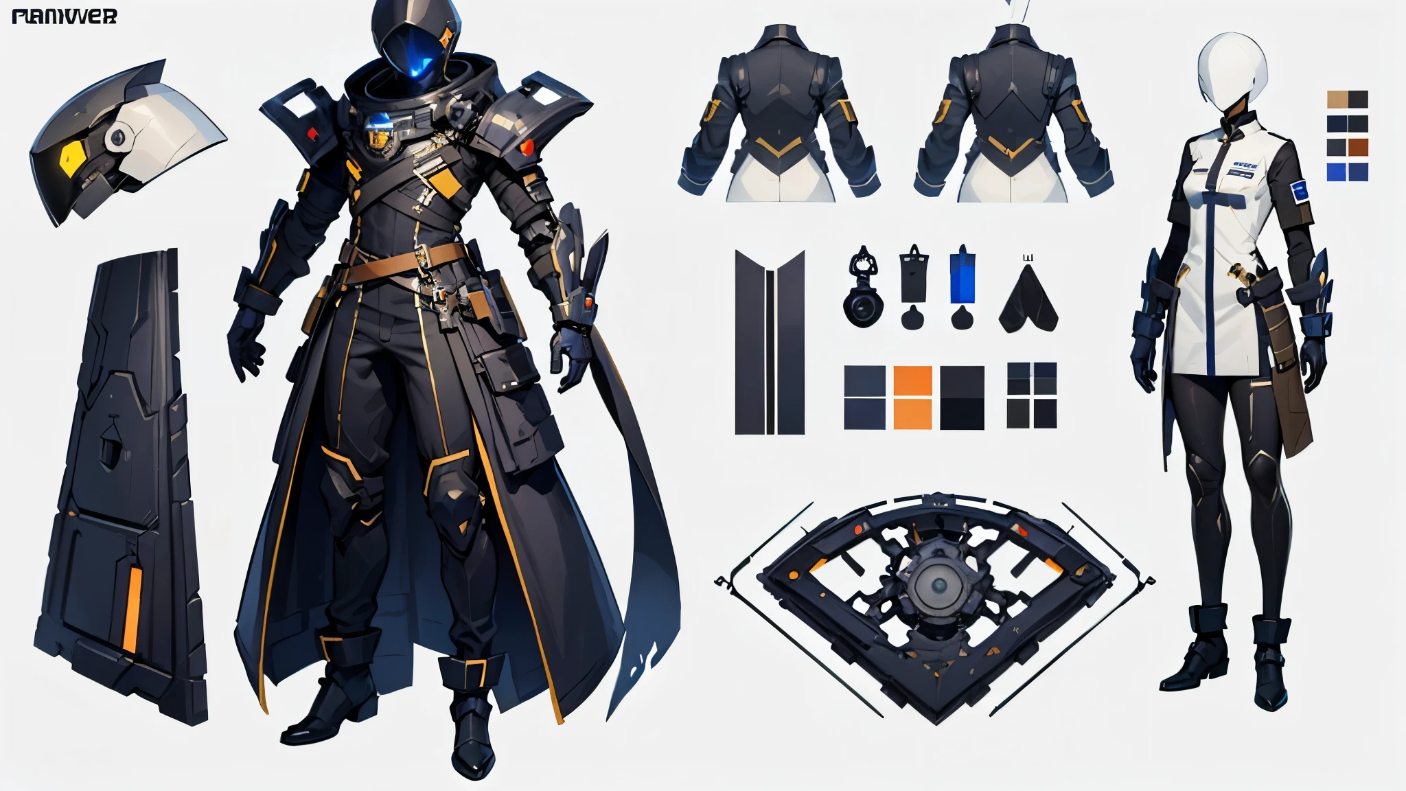 (Masterpiece, best quality), detailed, ((character concept art)), ((character design sheet, same character, front, side, back)), many items, (random gender, sci-fi uniform cloth, space traveler cloth, military cloth, many parts), (random skin color:2) , (random eyes), random face, random expressions, random physical form, random hair color, random detailed hair, random style haircut, full of details, (simple background, white background: 1.3)