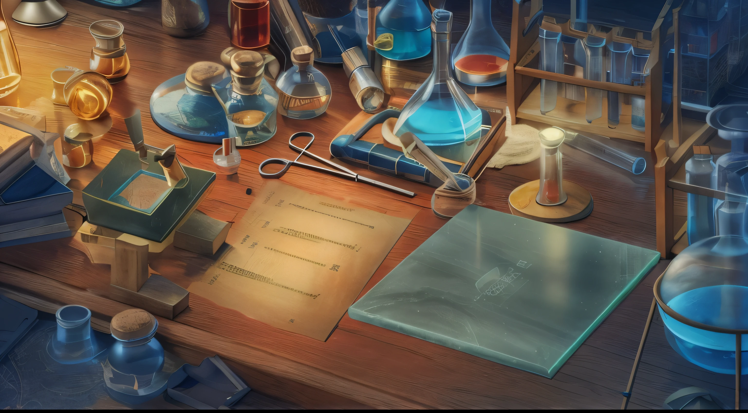 3D rendering,There is a table,There is a lot of stuff on it, beakers,Potion bottle,laboratory background, laboratory, laboratory settings, alchemist laboratory, alchemy laboratory, alchemist laboratory, laboratory background, laboratory background, background artwork, background art, he is in a alchemist laboratory,3D rendering,Ultra-clear,Lots of details,8K