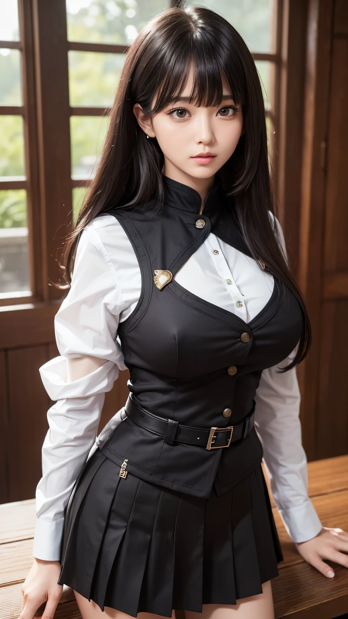 ((high quality)), ((table top), (detailed face), (highlight), female、Big breasts、blunt bangs、black hair、standing position、combat uniform、skirt、