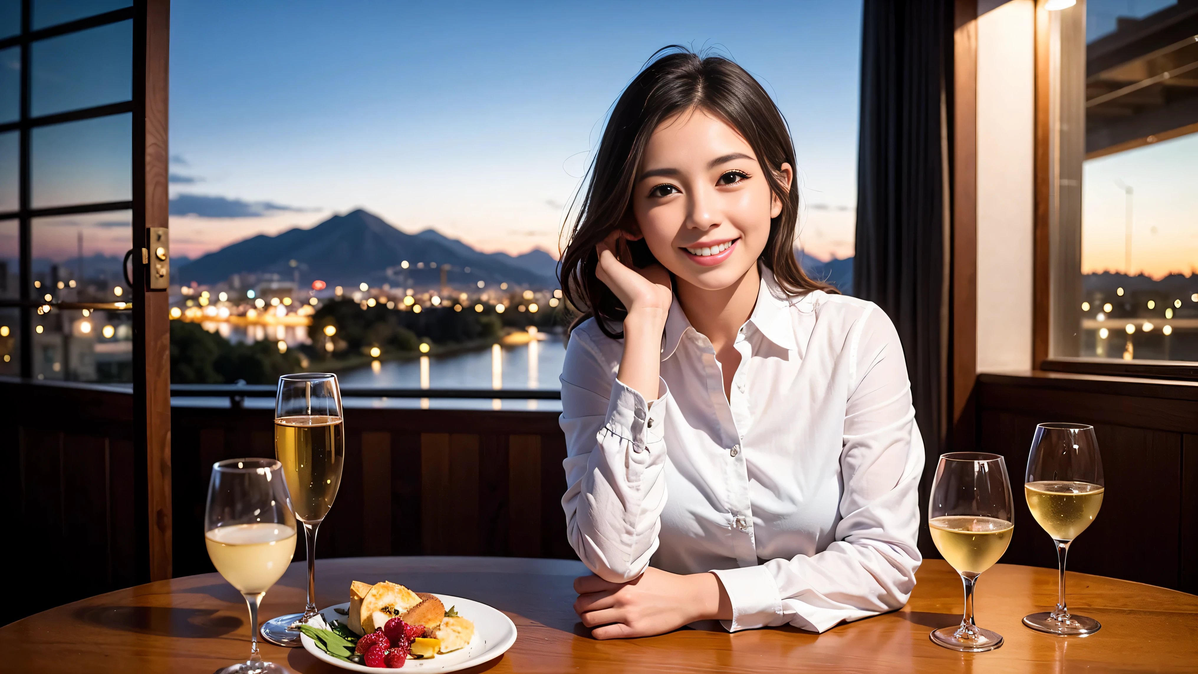 K, UHD, highest quality, masterpiece: 1.2), (realistic, photorealistic: 1.37), Spectacular view of the sunset sky and clouds、Amazing mountain views、A bright smile、3 slim beauties, (slim face),Happy、 the best smile、Fox face、Berry Short、(because I'thin), (brown hair), (shortcut), long sleeve shirt、winter fashion、Japanese、Dutch、German、Portuguese、Belgian、Italian、French,Champagne、SparKling wine、 (gush), (slim body), (brown hair), (shortcut), neat beauty、cheeKs blush a little, (35 years old), 38 years old, alone, A beautiful and detailed night view spreads out outside the window..., restaurant, wine glass is sitting, At night, in a prominent place (from the Upper body) nova frog style, actress, model, Upper body, White wine, slim, wine glass, very beautiful night view, wine glass Put in the Middle, Happy smile, (smile: 1.15),