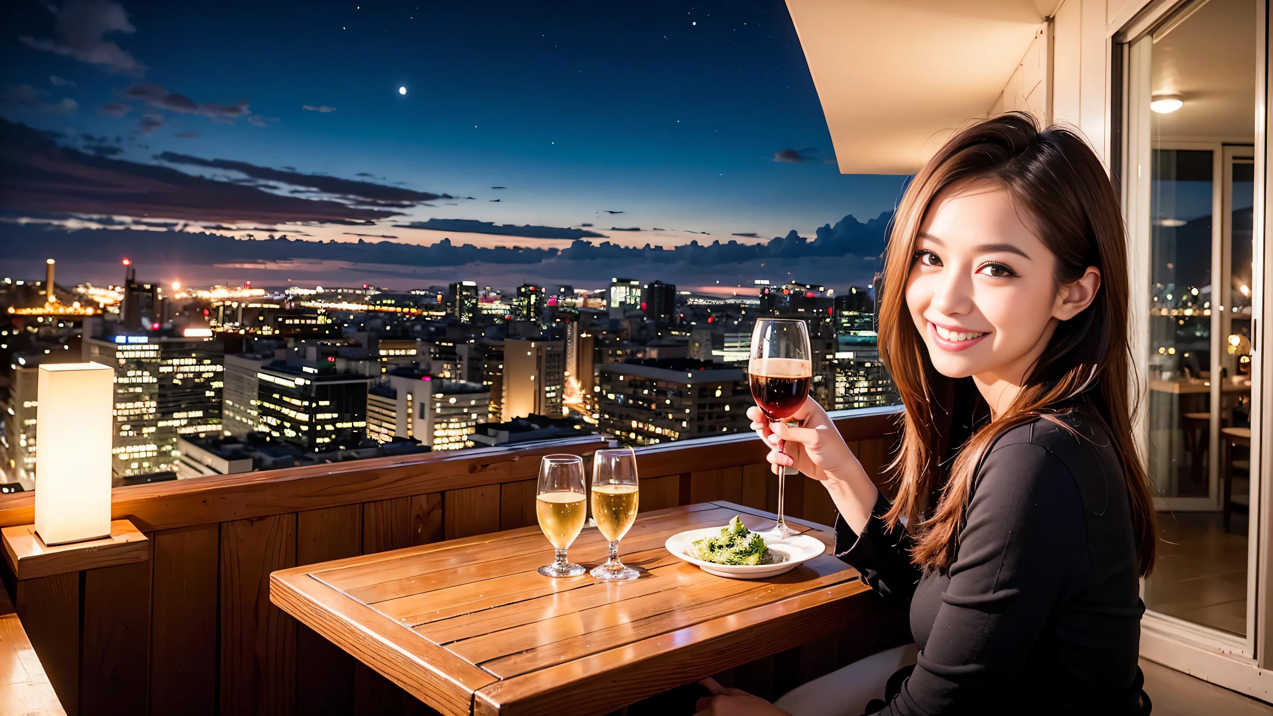 K, UHD, highest quality, masterpiece: 1.2), (realistic, photorealistic: 1.37), Spectacular view of the sunset sky and clouds、Amazing mountain views、A bright smile、3 slim beauties, (slim face),Happy、 the best smile、Fox face、Berry Short、(because I'thin), (brown hair), (shortcut), long sleeve shirt、winter fashion、Japanese、Dutch、German、Portuguese、Belgian、Italian、French,Champagne、SparKling wine、 (gush), (slim body), (brown hair), (shortcut), neat beauty、cheeKs blush a little, (35 years old), 38 years old, alone, A beautiful and detailed night view spreads out outside the window..., restaurant, wine glass is sitting, At night, in a prominent place (from the Upper body) nova frog style, actress, model, Upper body, White wine, slim, wine glass, very beautiful night view, wine glass Put in the Middle, Happy smile, (smile: 1.15),