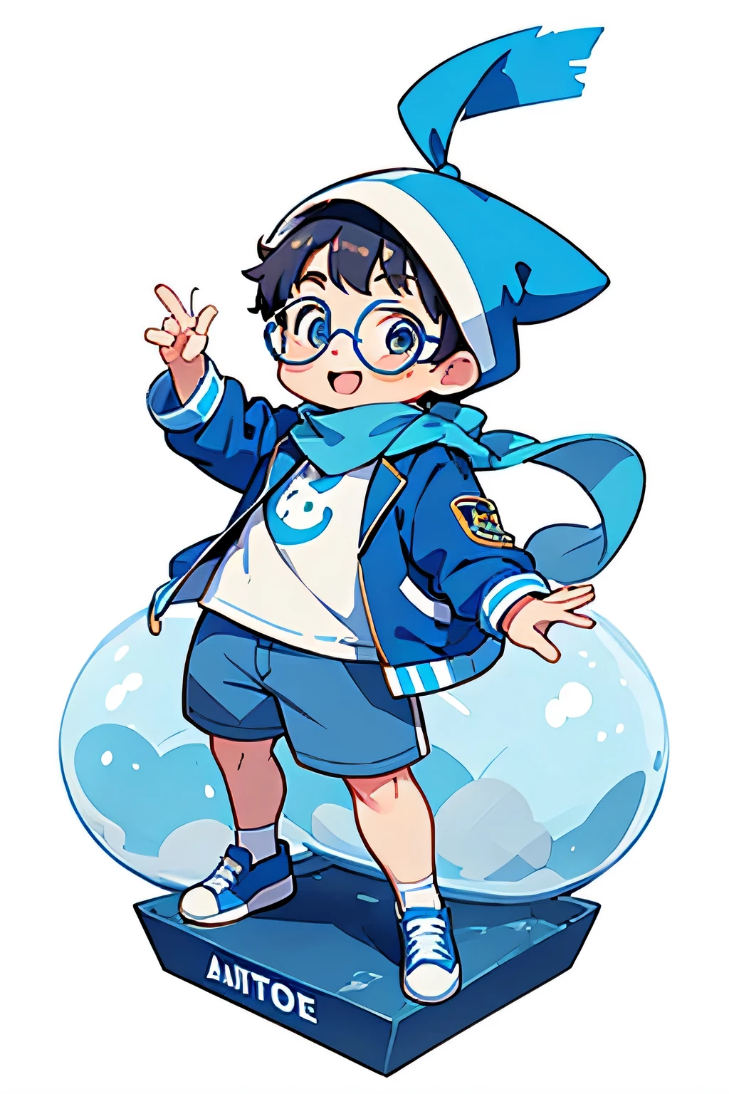 fat boy, face round, wear glasses, blue jacket with hood,White t-shirt, blue shorts, blue sneakers, Smile, Scarf, in a panoramic view, Front, [transparent image background], chibi,standing straight, looking in front, white background