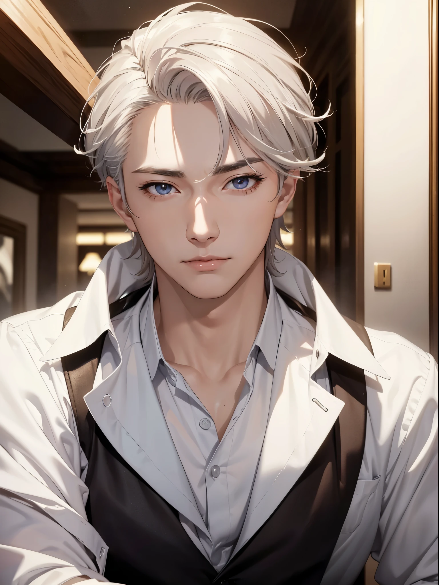 (masterpiece, Best Quality, absurdres, 8K resolution, HD wallpaper), cinematic lighting, raytracing, depth of field, Hyper Detailed, Ultra Detail,Haig Quality,sketch,1boy,matured male,Beautiful face,white hair,Handsome men,Pearl skin,white shirt,brown hazel nut eyes,Like a cat's eye,male in his 20s,relax in home, brown hair, drop dead gorgeous, killer stare